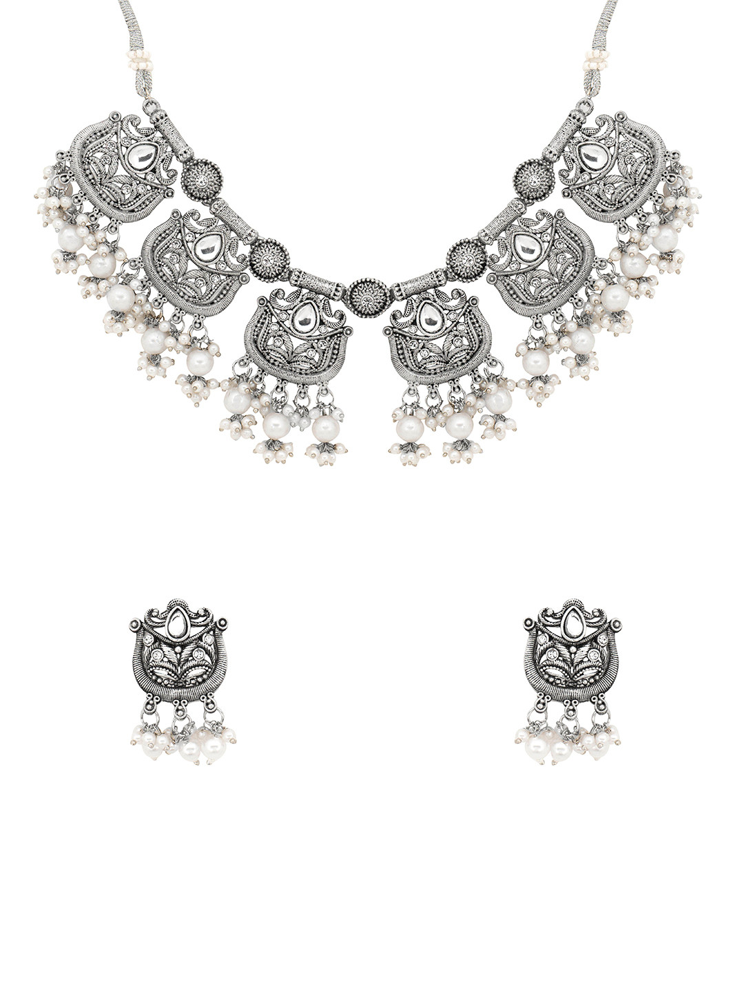 Yellow Chimes Oxidised Moti Beadded Necklace & Earrings Set