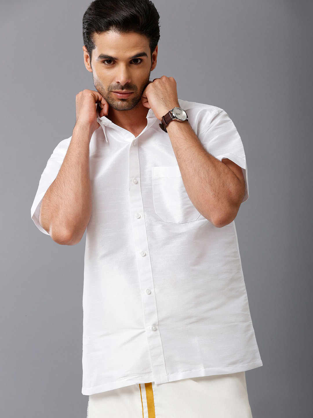 Khoday Williams Spread Collar Classic Opaque Formal Poly Silk Shirt