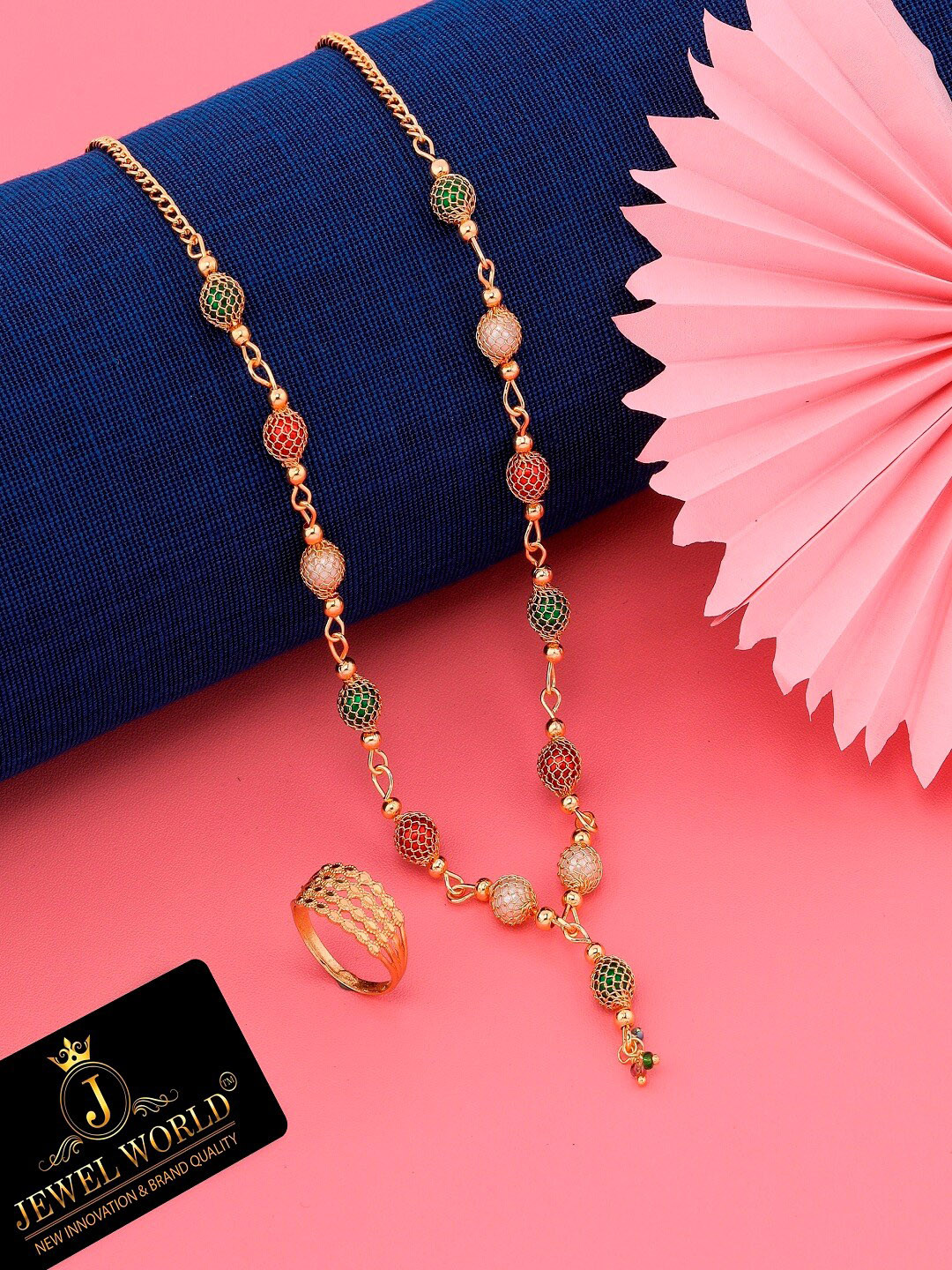 JEWEL WORLD Gold-Plated Beads-Studded & Beaded Mangalsutra With Ring