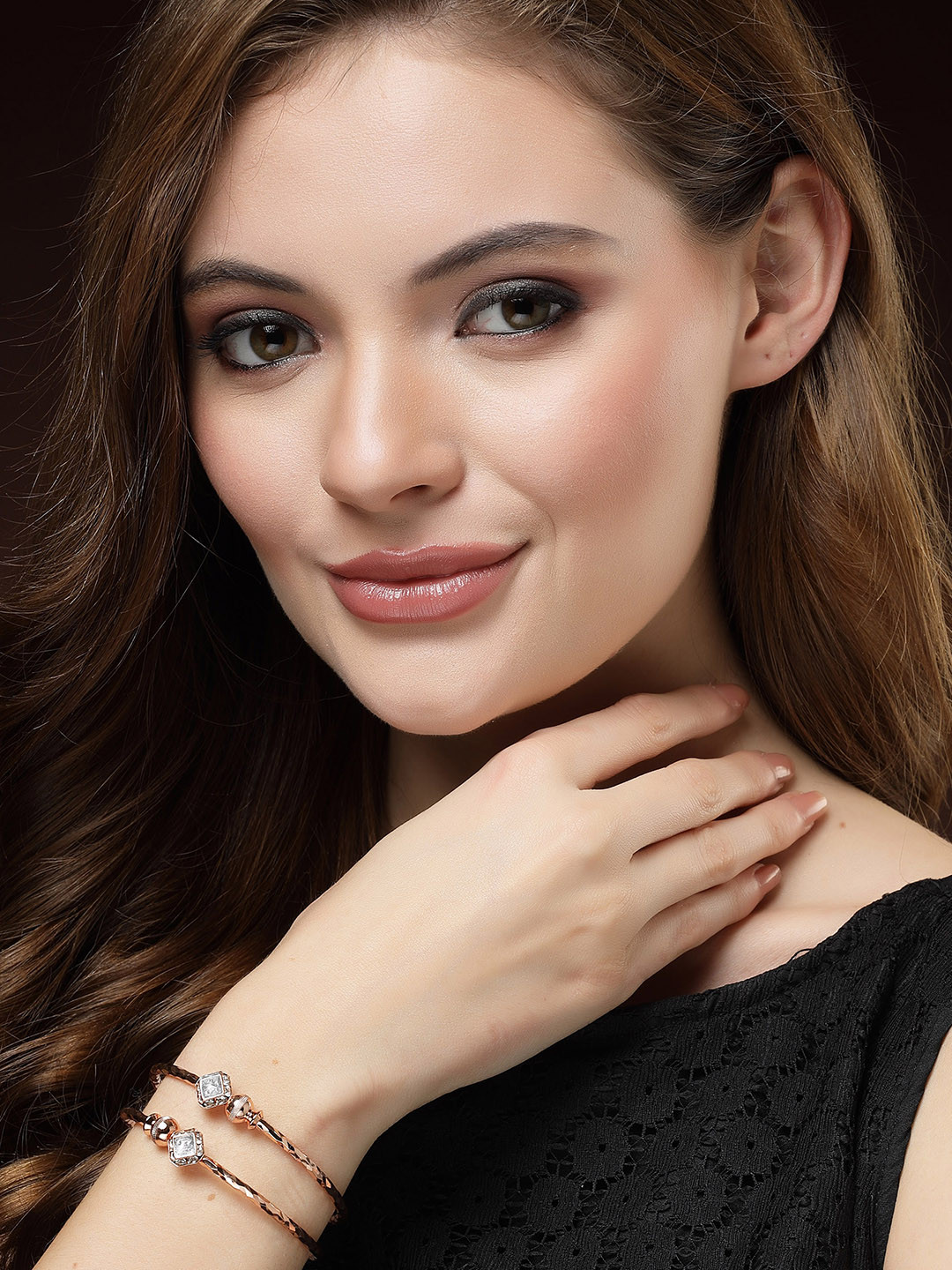 Aazeen Women Set Of 2 Rose Gold-Plated American Diamond Kada Bracelet