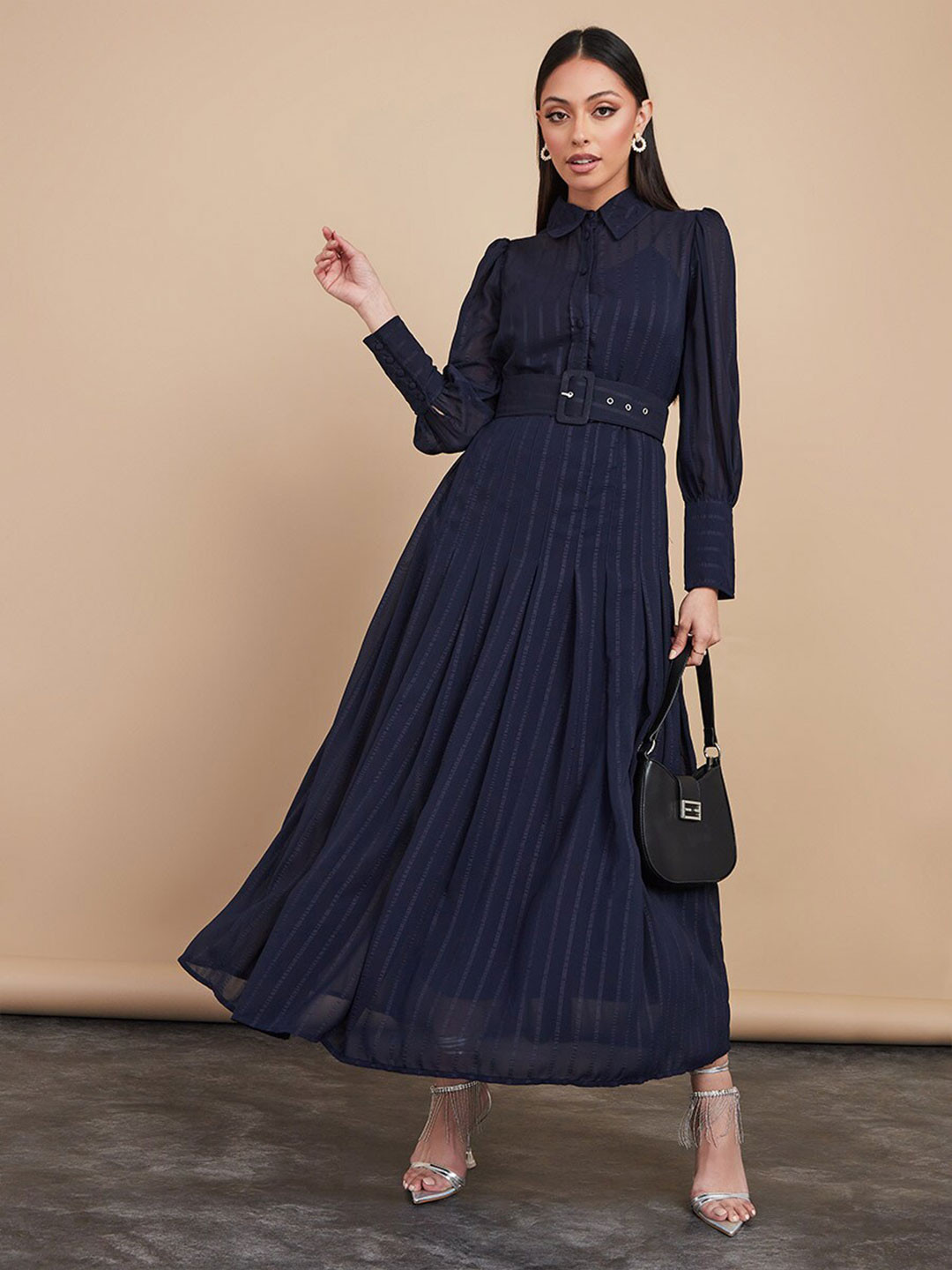 Styli Striped Shirt Collar Cuffed Sleeves Semi-Sheer Belted Maxi Dress