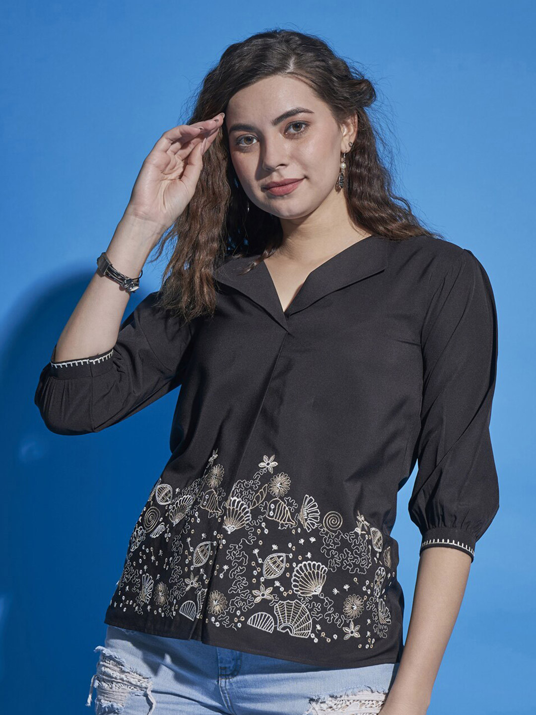 DressBerry Floral Embroidered Shirt Collar Puff Sleeves Shirt Style Top