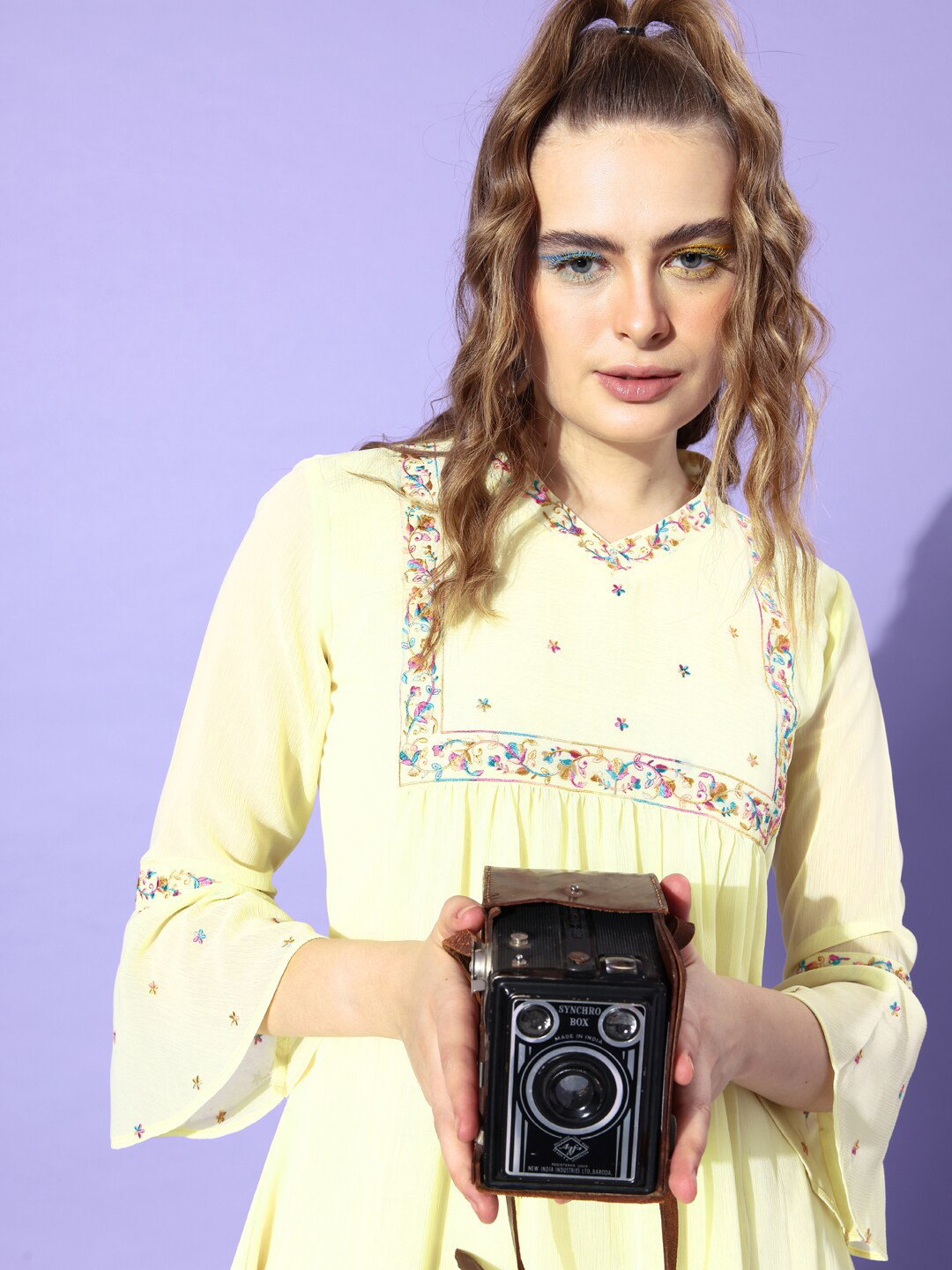 DressBerry Floral Embroidered V-Neck Bell Sleeves Chiffon Empire Top