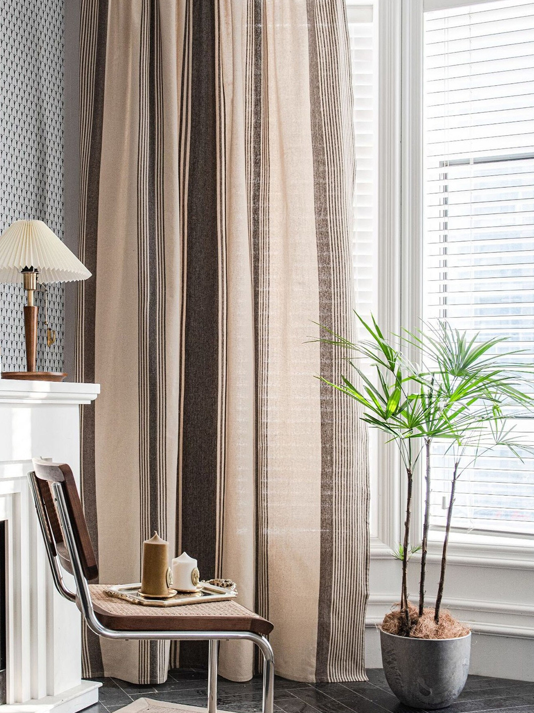Huesland Beige & Brown 1 Piece Cotton Striped Room Darkening Window Curtain