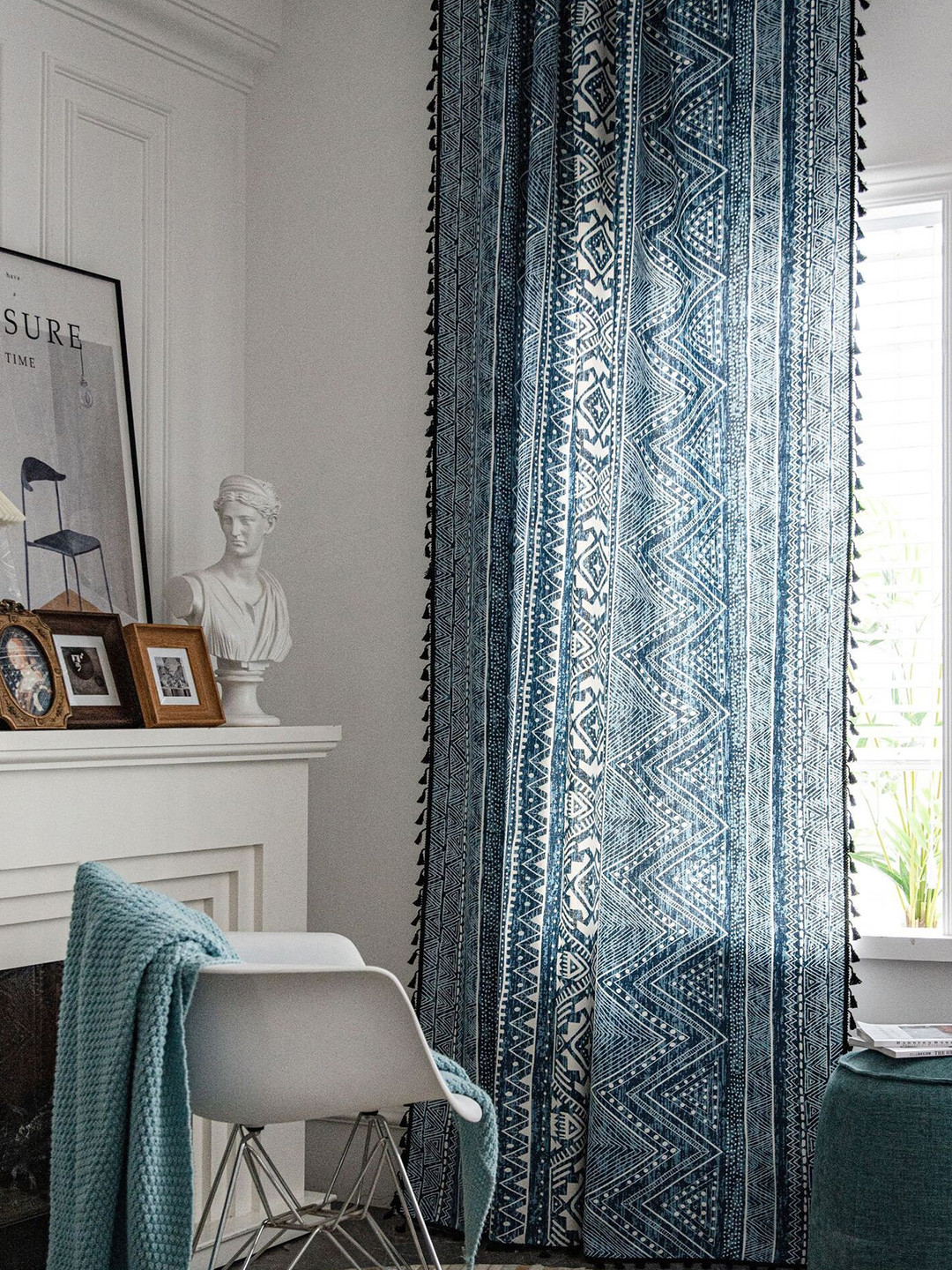 Huesland Blue & White Bohemian Printed Cotton Room Darkening Door Curtain