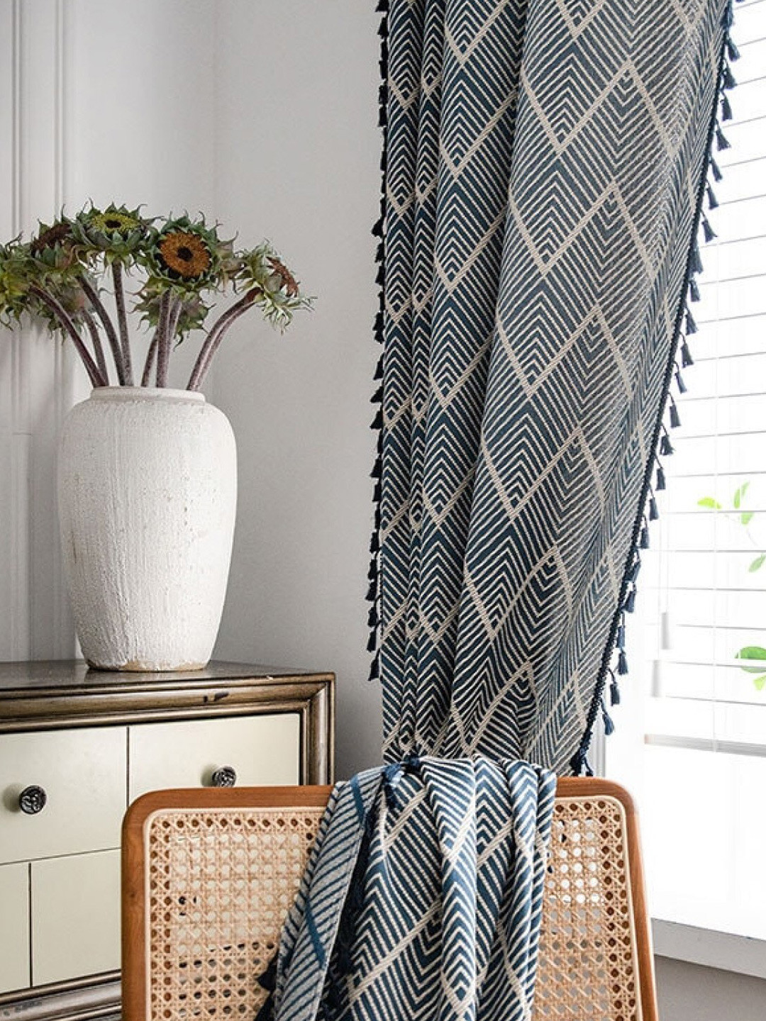 Huesland Navy Blue & White 1 Piece Cotton Geometric Room Darkening Window Curtain