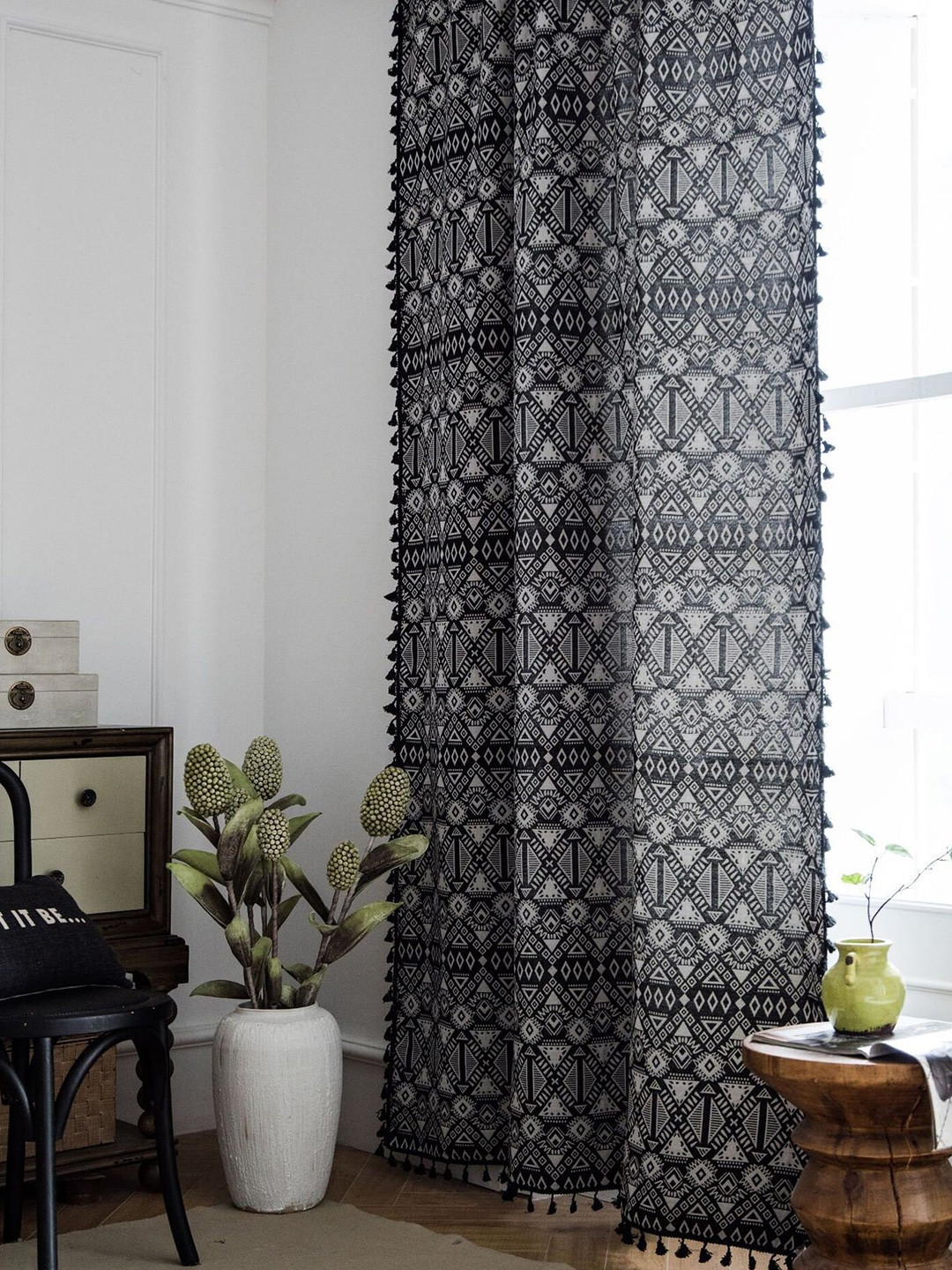 Huesland Bohemian Black & White 1 Piece Geometric Cotton Room Darkening Window Curtain