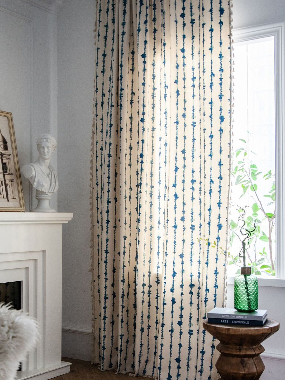 Huesland White & Blue 1 Piece Striped Cotton Room Darkening Window Curtain