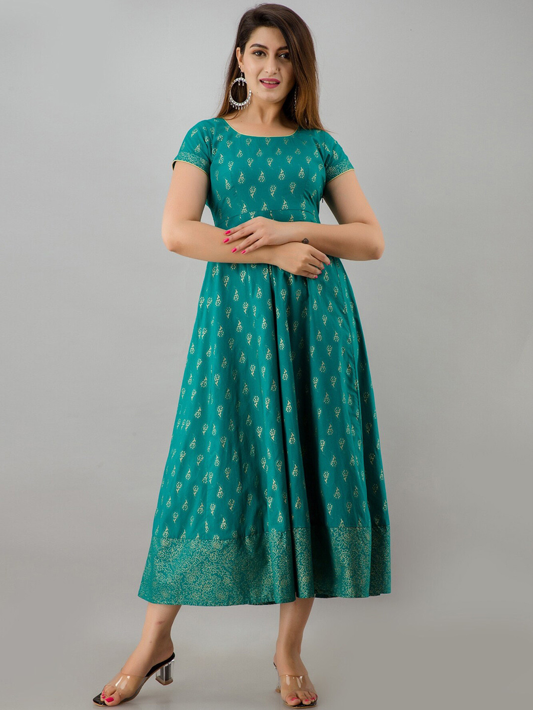 HERE&NOW Teal-Green Paisley Print Anarkali Maxi Dress