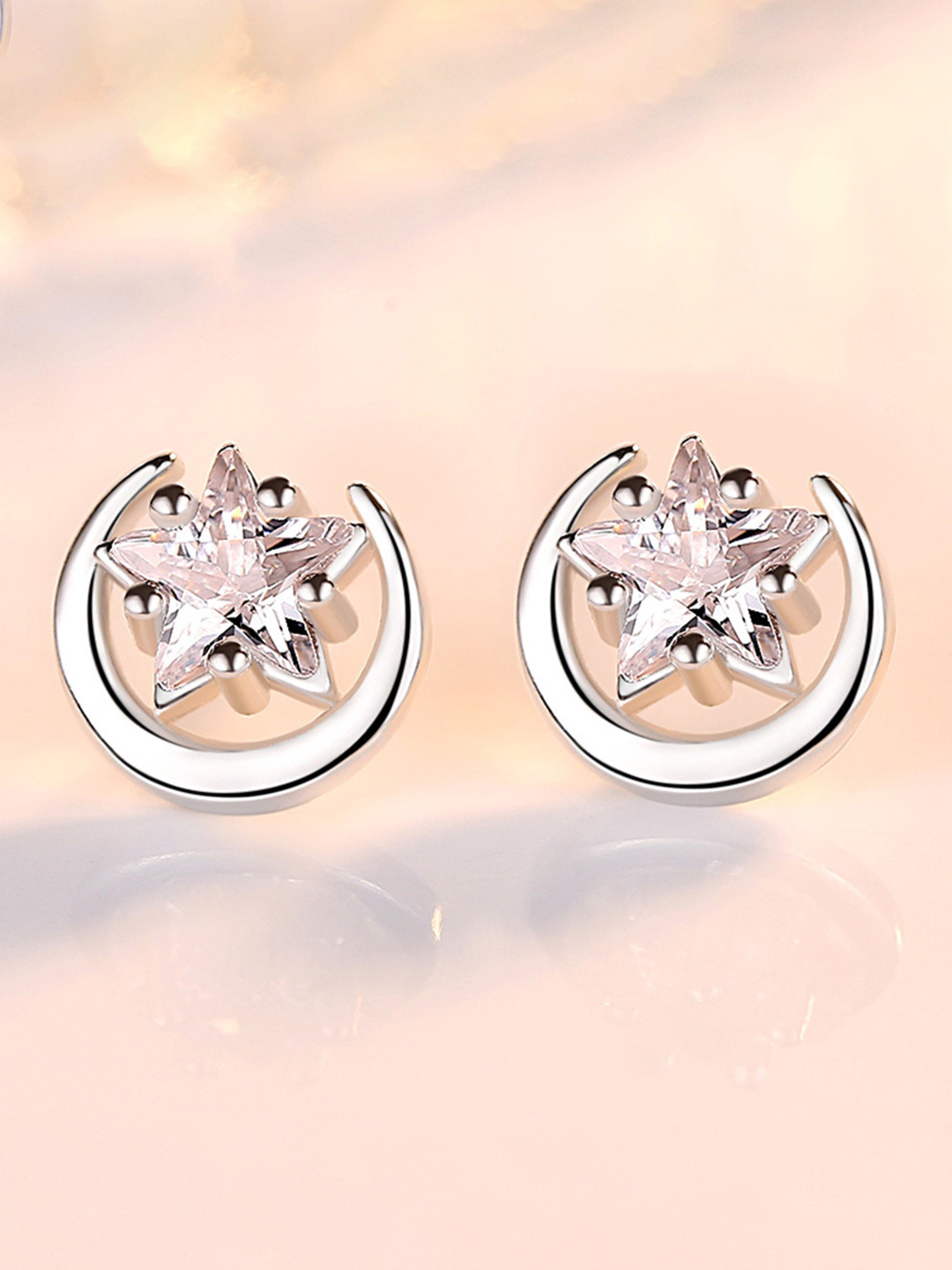MYKI Silver-Plated Moon Star Zircon Studded Studs Earrings