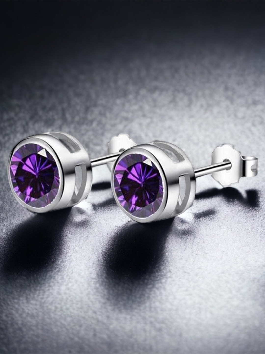 MYKI Silver-Plated Amethyst Contemporary Studs Earrings