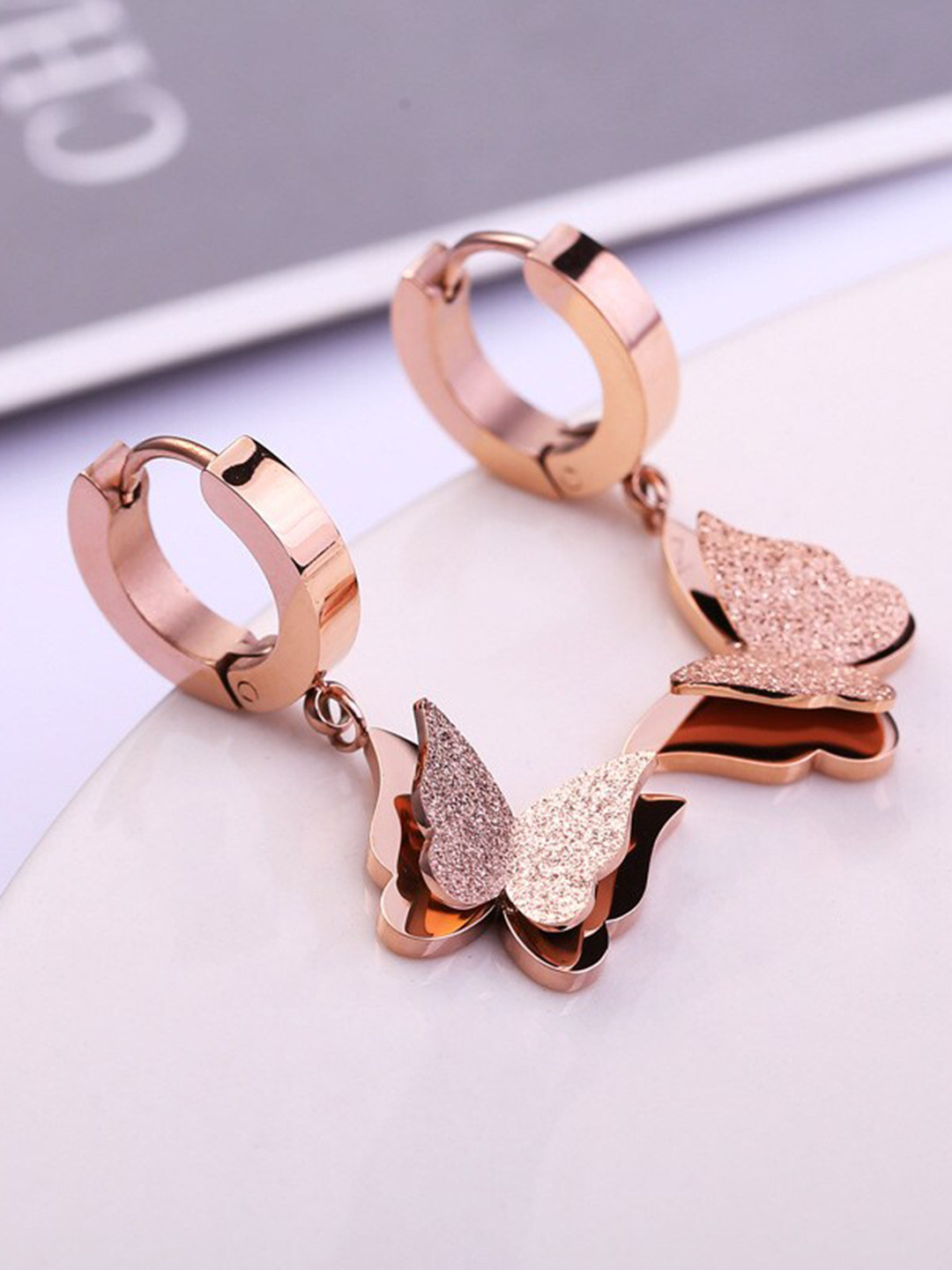 MYKI Rose-Gold Plated Contemporary Cute Butterfly Hoop Earrings