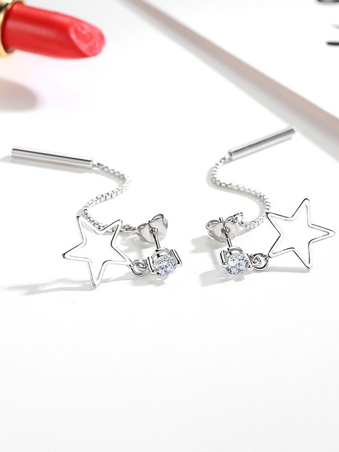 MYKI Silver-Plated Star Shaped CZ Stone Studded Drop Earrings
