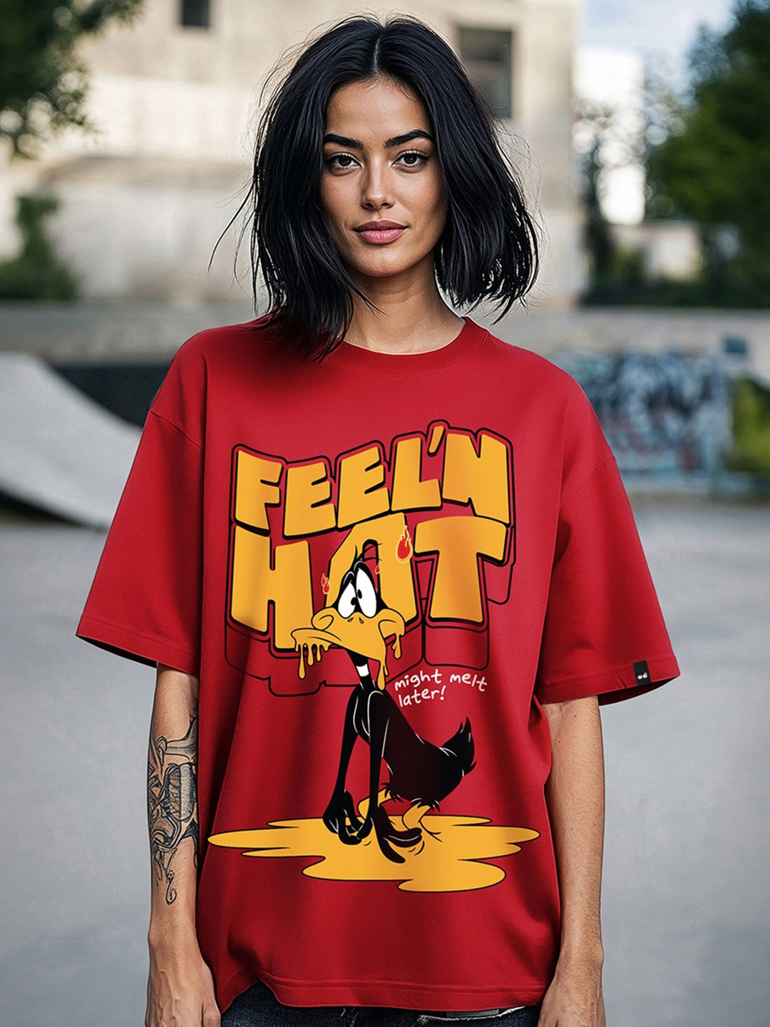 Bewakoof Red & Mustard Yellow Looney Tunes Printed Cotton Oversized Fit T-shirt