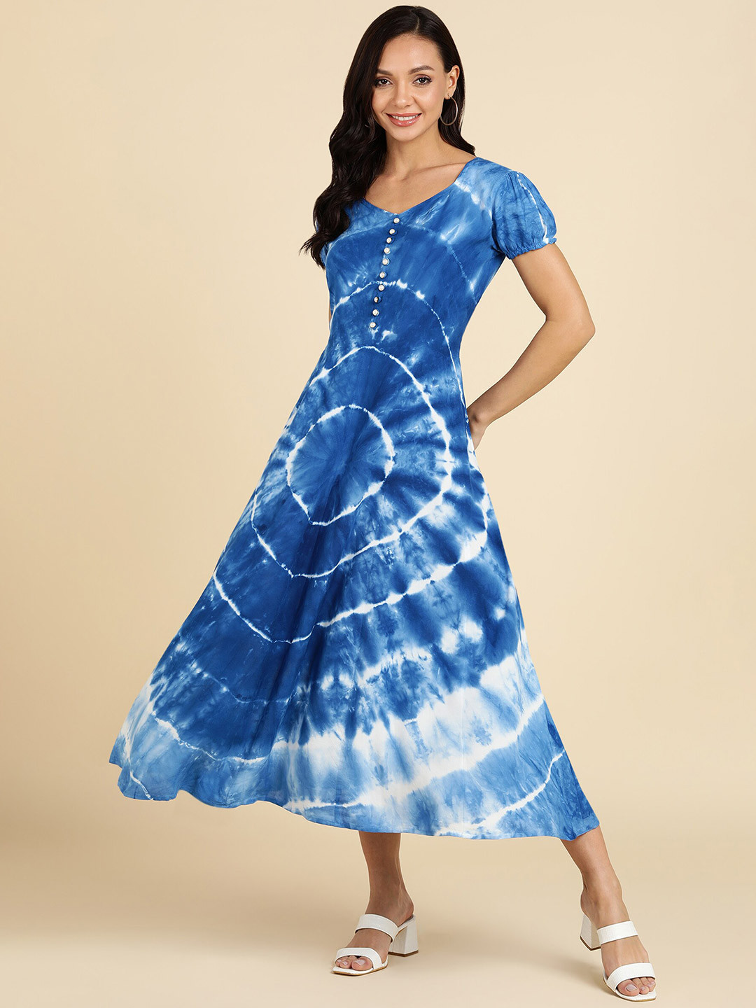 Maaesa Blue Tie and Dyed A-Line Midi Dress