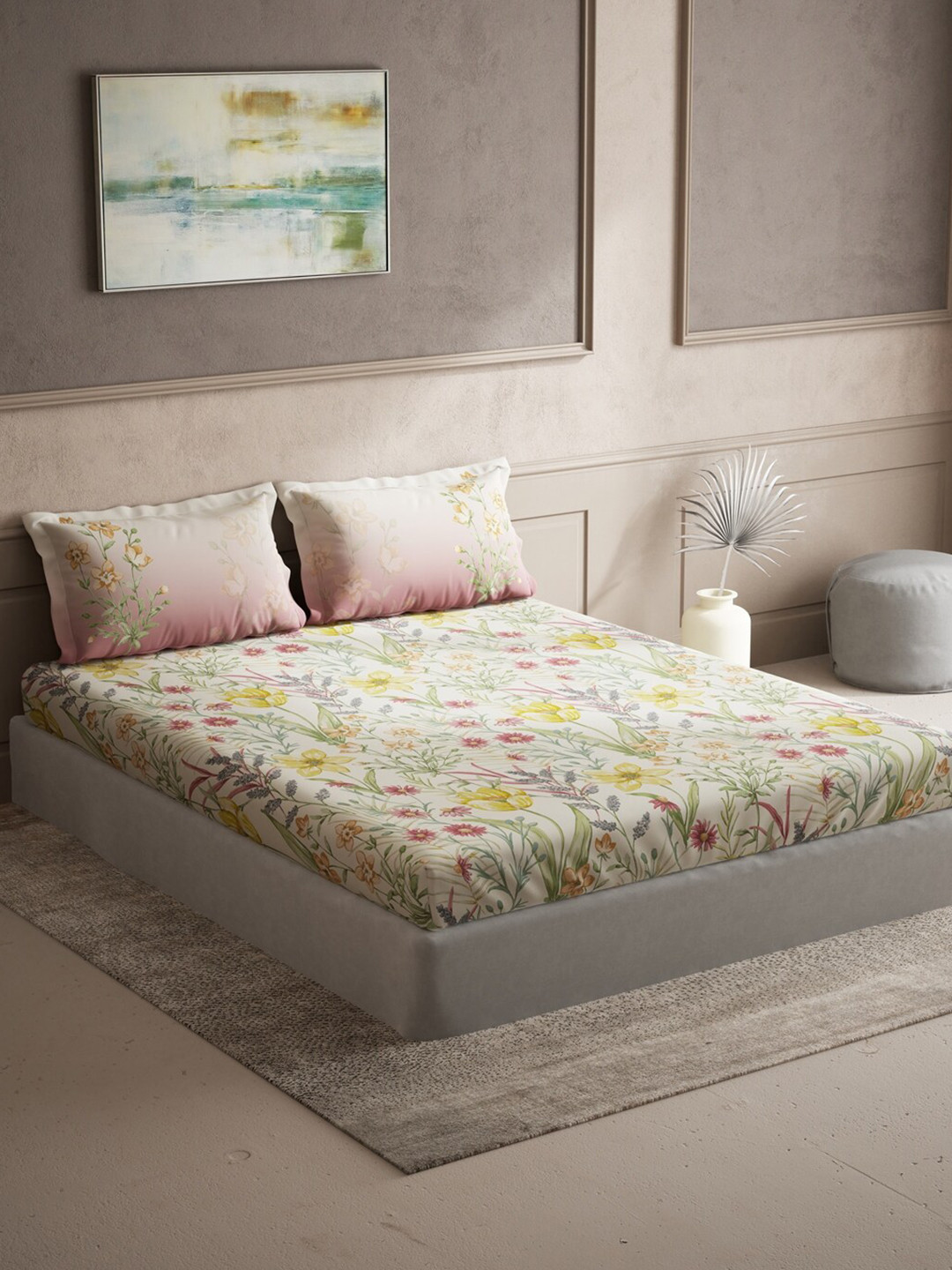 DDecor Live Beautiful Yellow Floral Cotton 140 TC Fitted Queen Bedsheet with 2 Pillow Covers-90 x 108 inches
