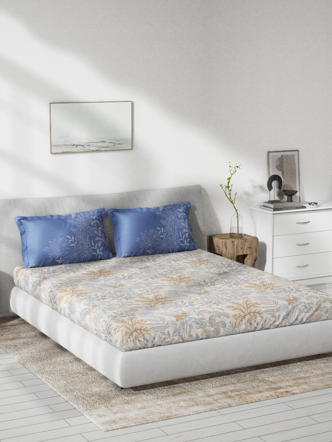 DDecor Live Beautiful Blue Floral Cotton 140 TC Fitted Queen Bedsheet with 2 Pillow Covers-90 x 108 inches