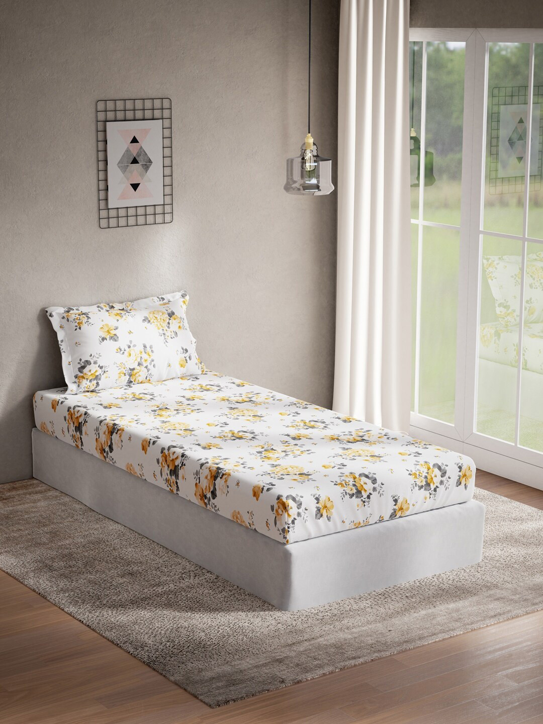 DDecor Live Beautiful White Floral Cotton 144 TC Fitted Single Bedsheet with a Pillow Cover-60 x 88 inches