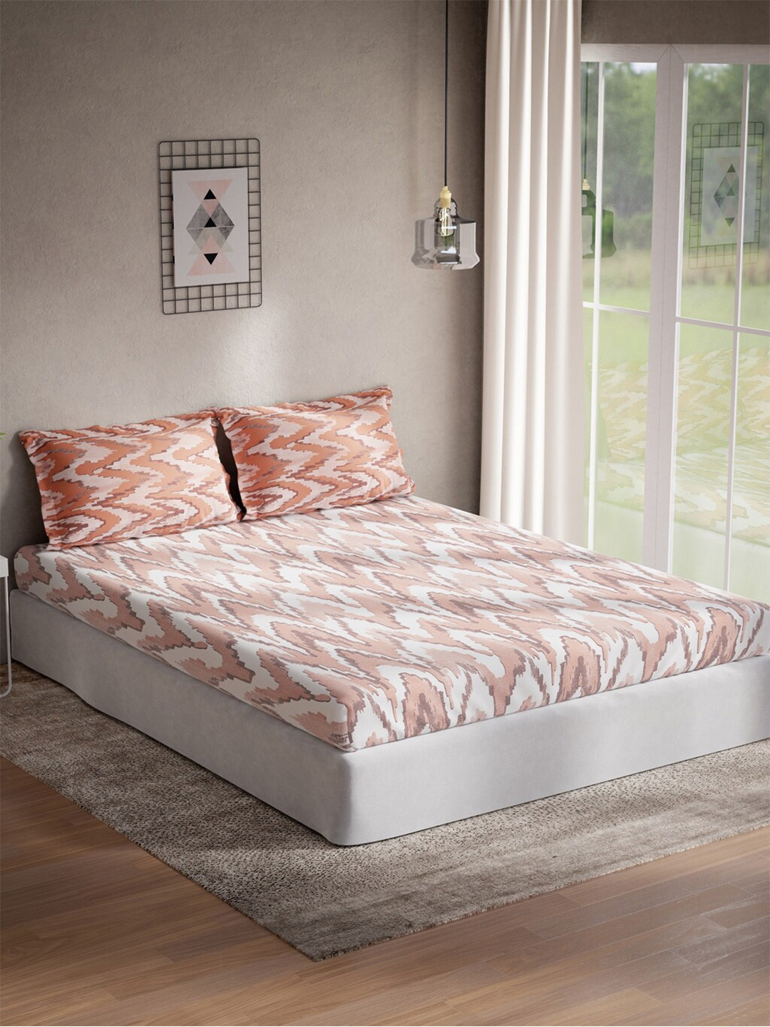 DDecor Live Beautiful Orange Abstract Cotton 144 TC Queen Bedsheet with 2 Pillow Covers-100 x 88 inches