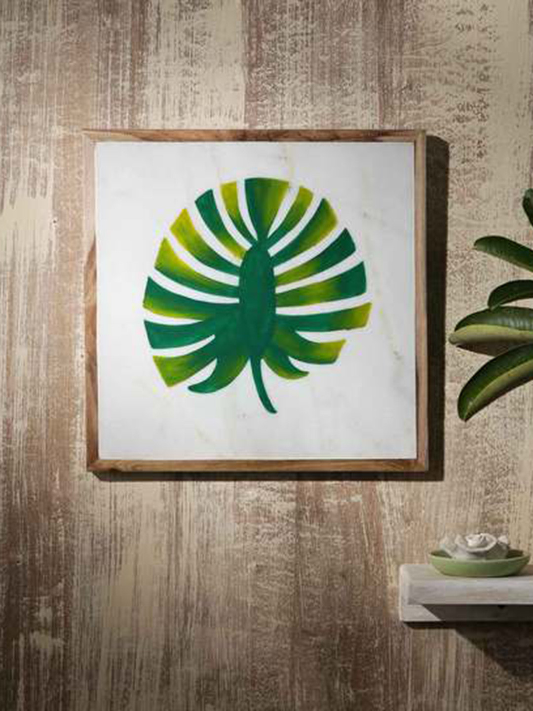 POSH-N-PLUSH Marble White & Green Leaf Wall Art