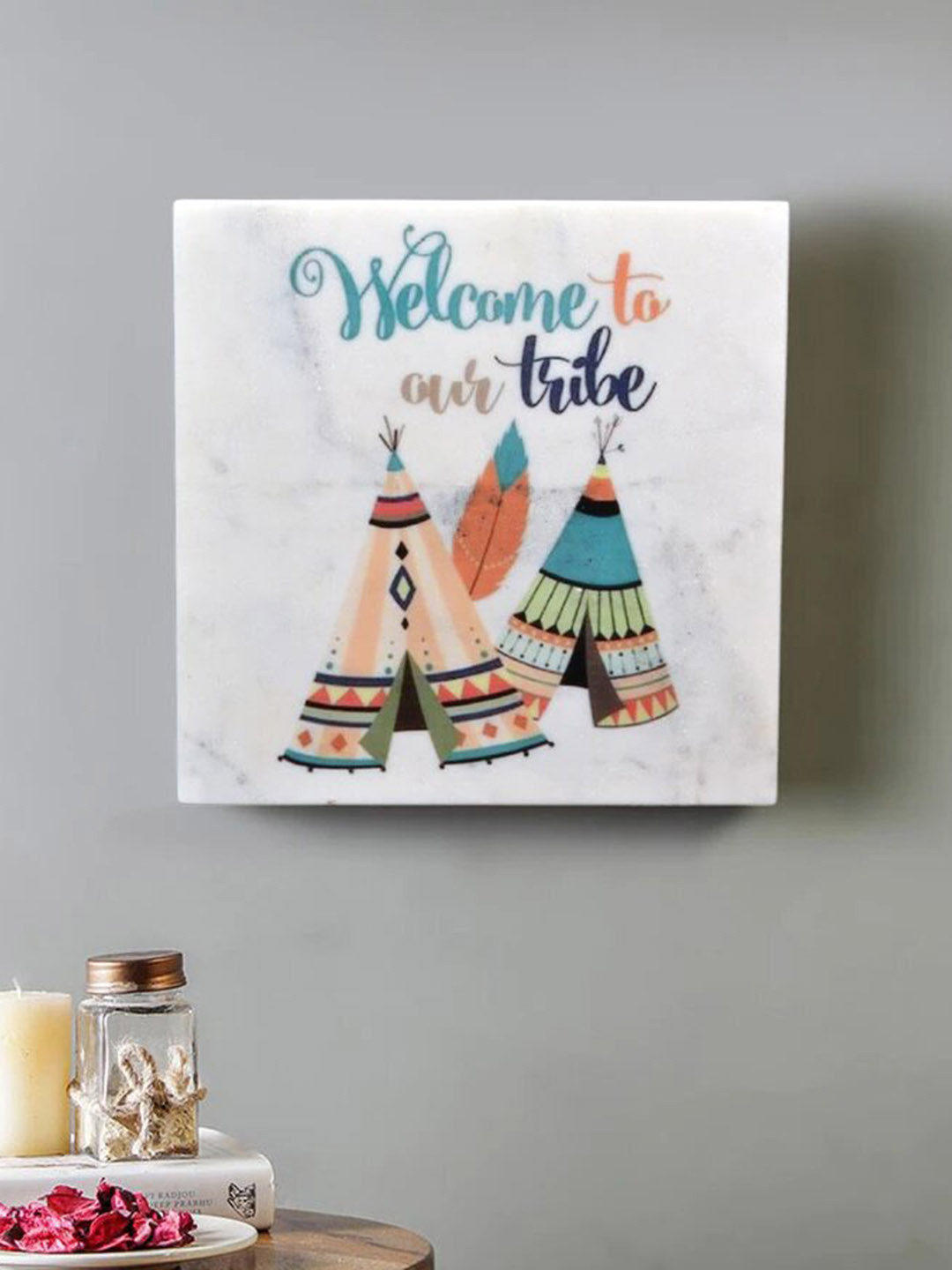 POSH-N-PLUSH White & Blue Printed Marble Wall Art