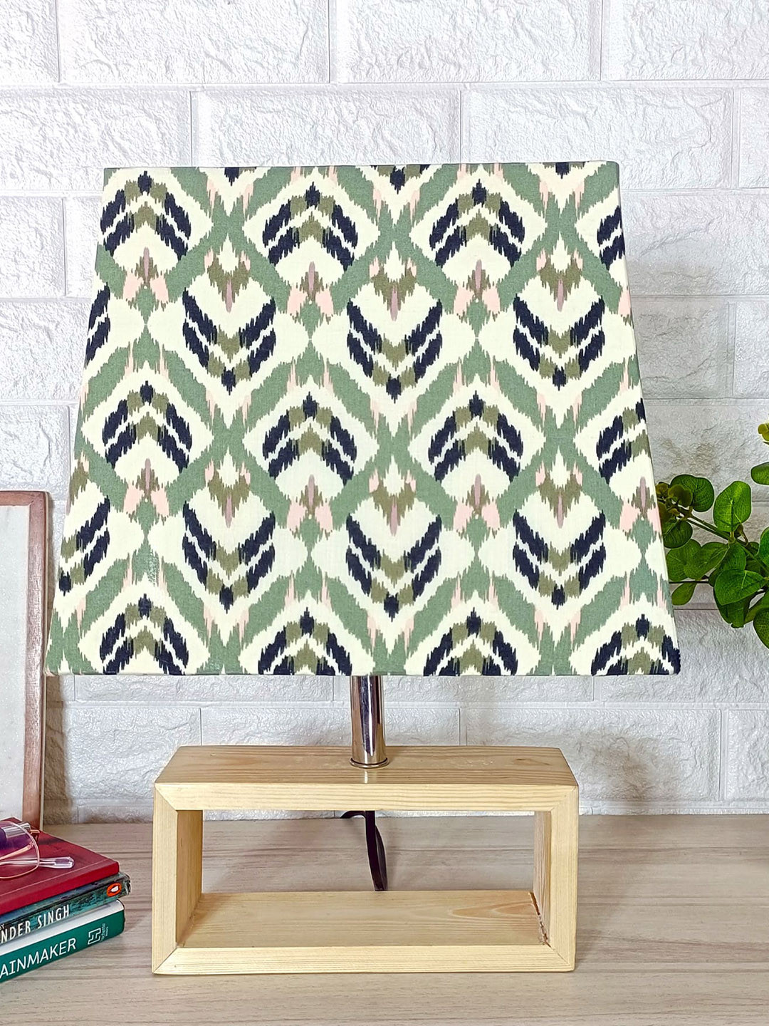 POSH-N-PLUSH Cream Colored & Green Printed Shade Wooden Table Lamp