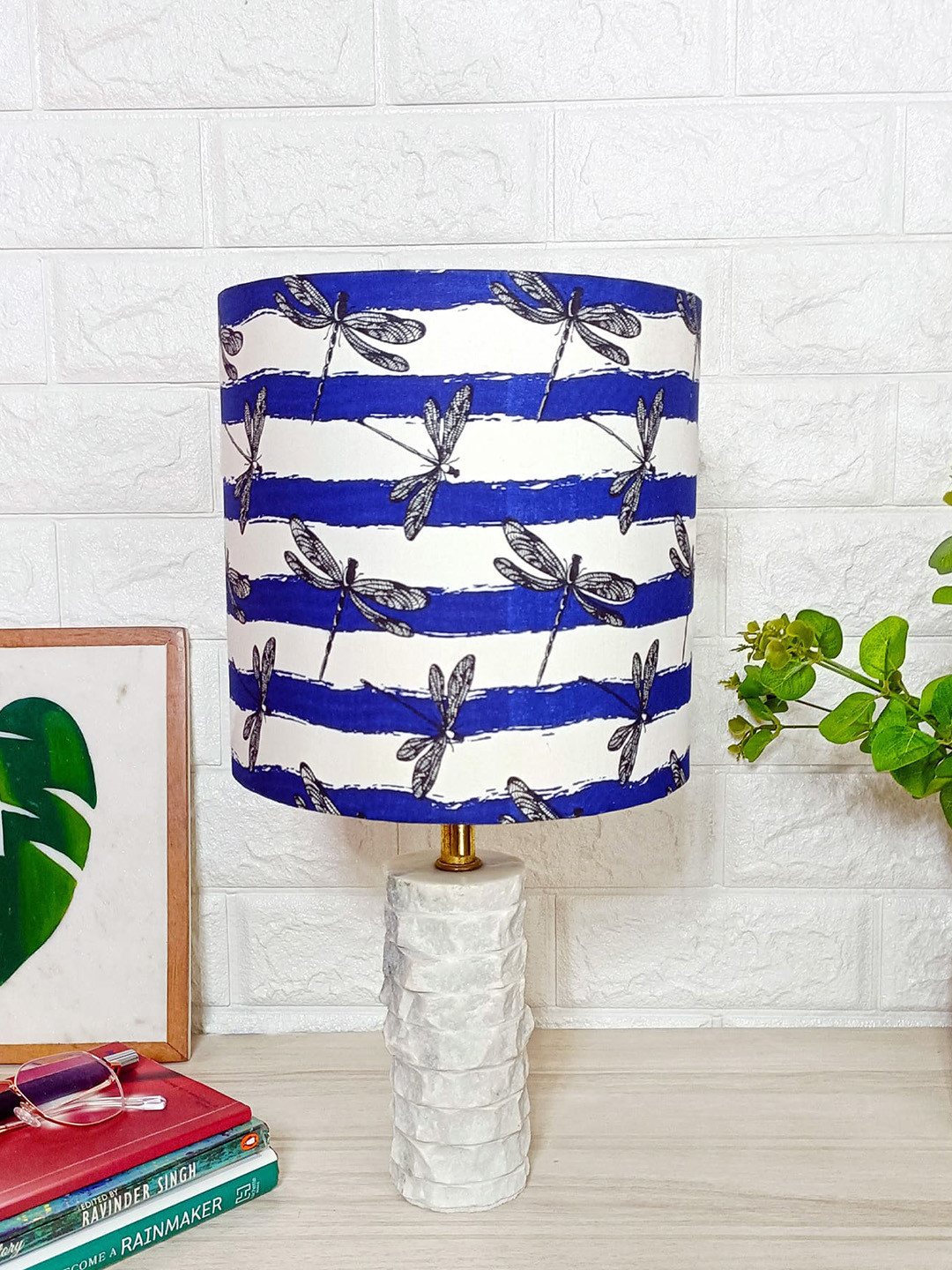 POSH-N-PLUSH White & Blue Printed Shade Marble Table Lamp
