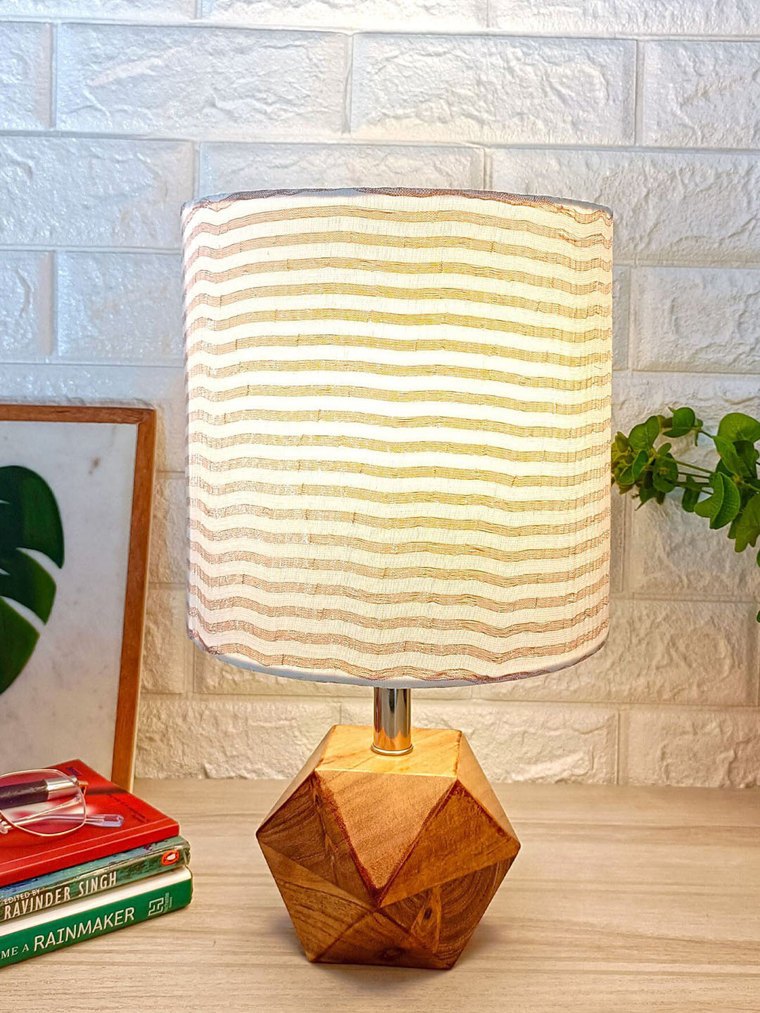 POSH-N-PLUSH White & Brown Striped Shade Wooden Table Lamp
