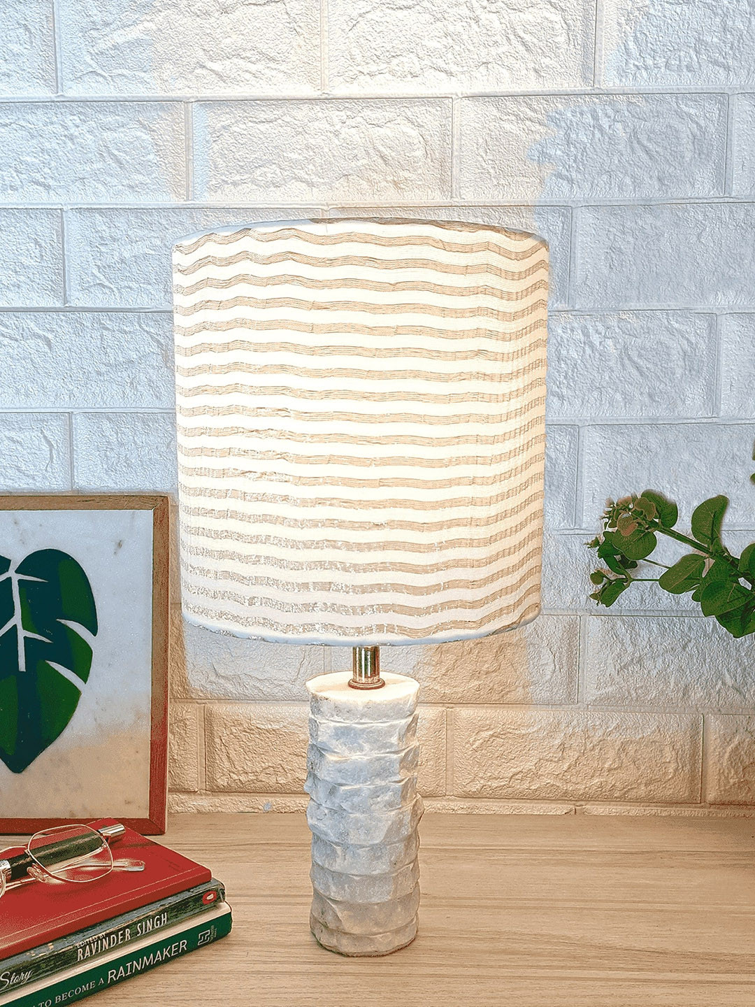 POSH-N-PLUSH White & Grey Striped Shade Marble Base Table Lamp