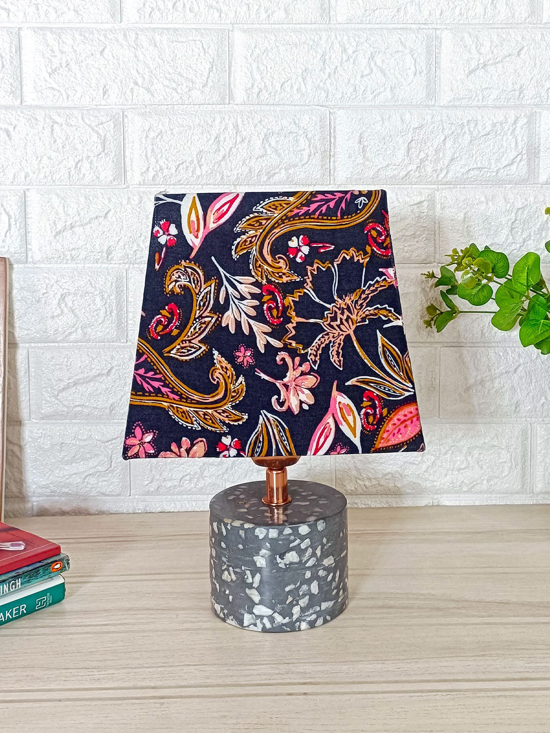 POSH-N-PLUSH Navy Blue & Pink Printed Shade Marble Base Table Lamp