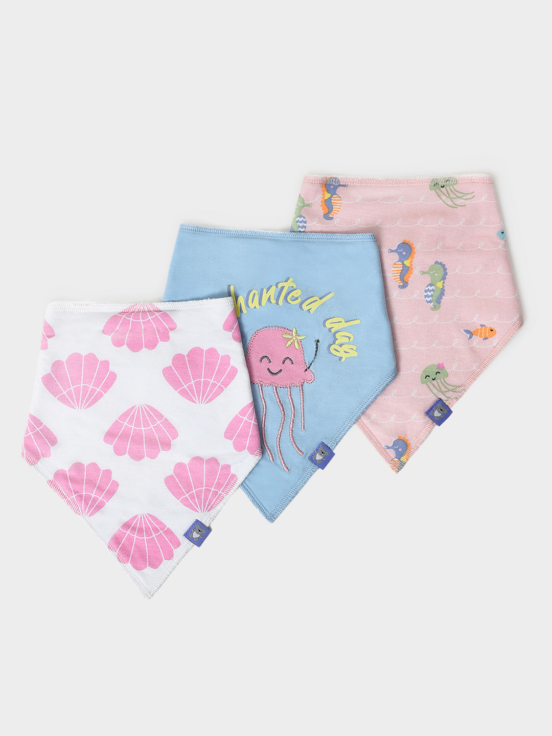 MiArcus 100% Cotton Knitted Sea Animal Print Triangle Bib with Snap Button 0-3 M Pk of 3