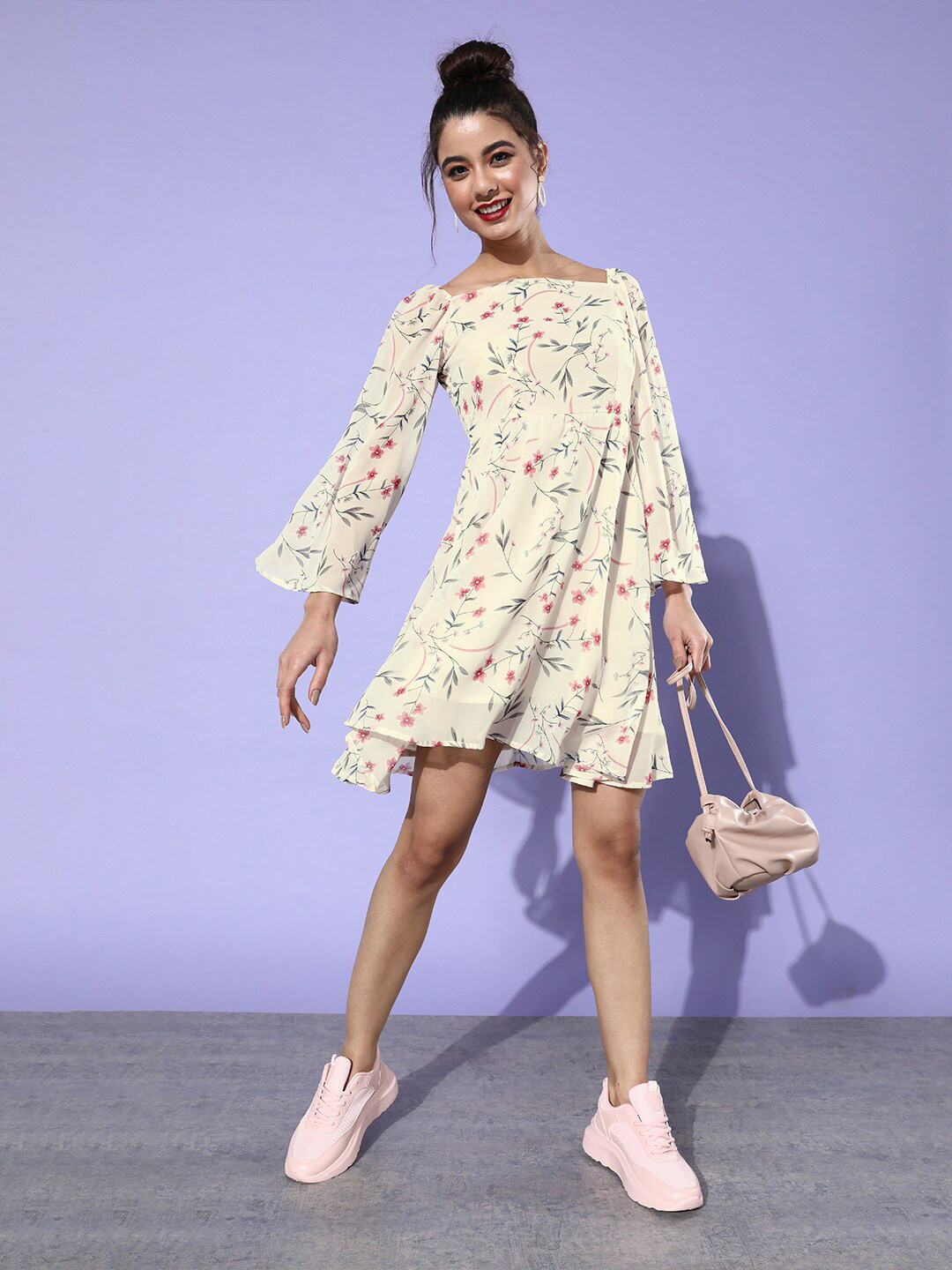 DODO & MOA Off White Floral Printed Flared Sleeves Georgette A-Line Mini Dress