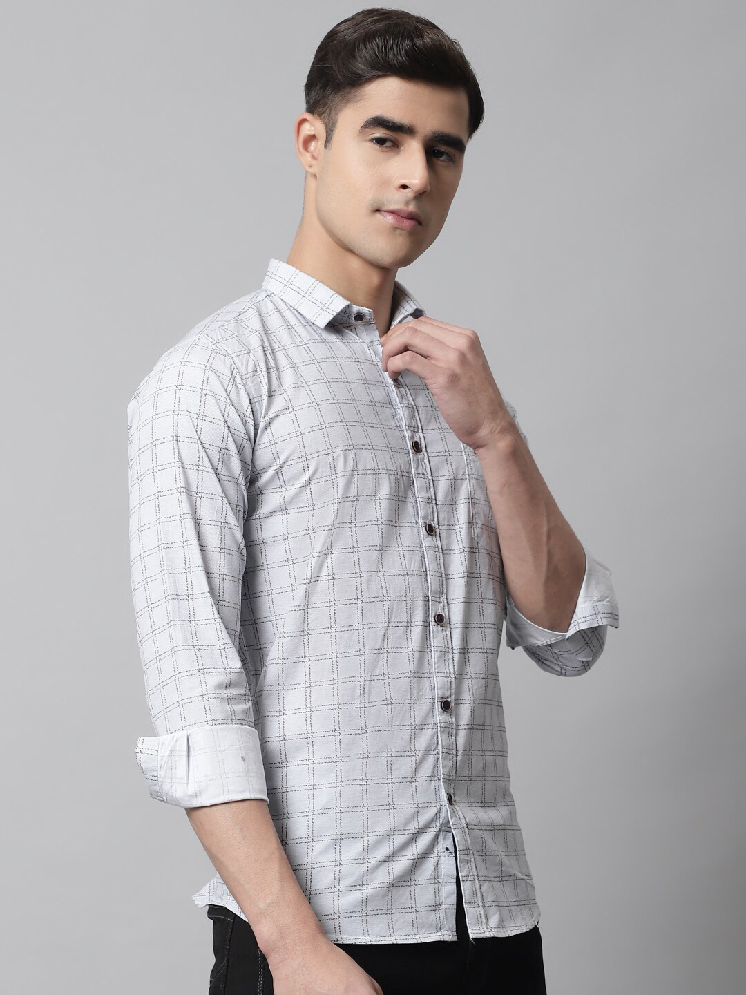 Majestic Man Smart Slim Fit Grid Tattersall Checked Spread Collar Casual Pure Cotton Shirt