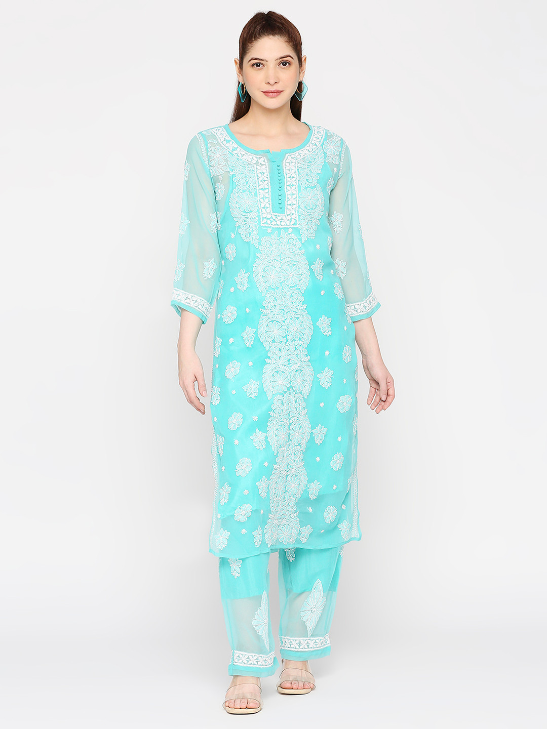 Indiankala4u Floral Embroidered Chikankari Kurta With Palazzos & Camisole