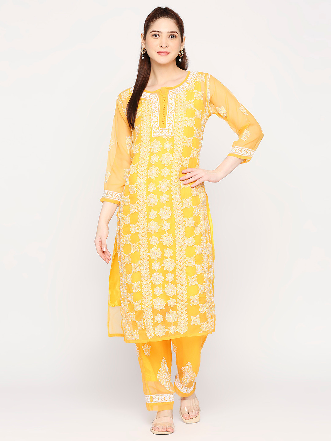 Indiankala4u Floral Embroidered Chikankari Kurta With Palazzos & Camisole