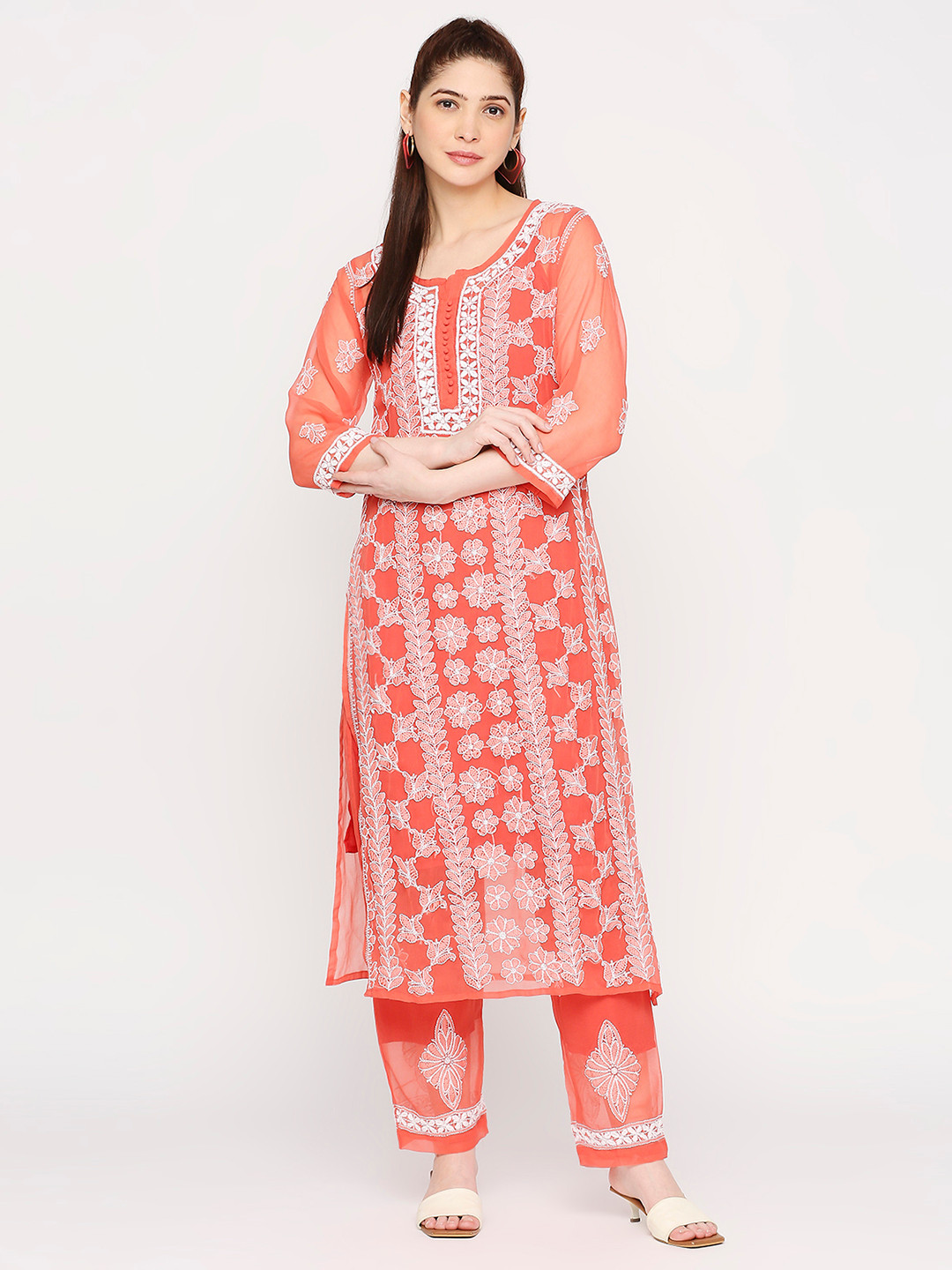 Indiankala4u Floral Embroidered Chikankari Kurta With Palazzos & Camisole
