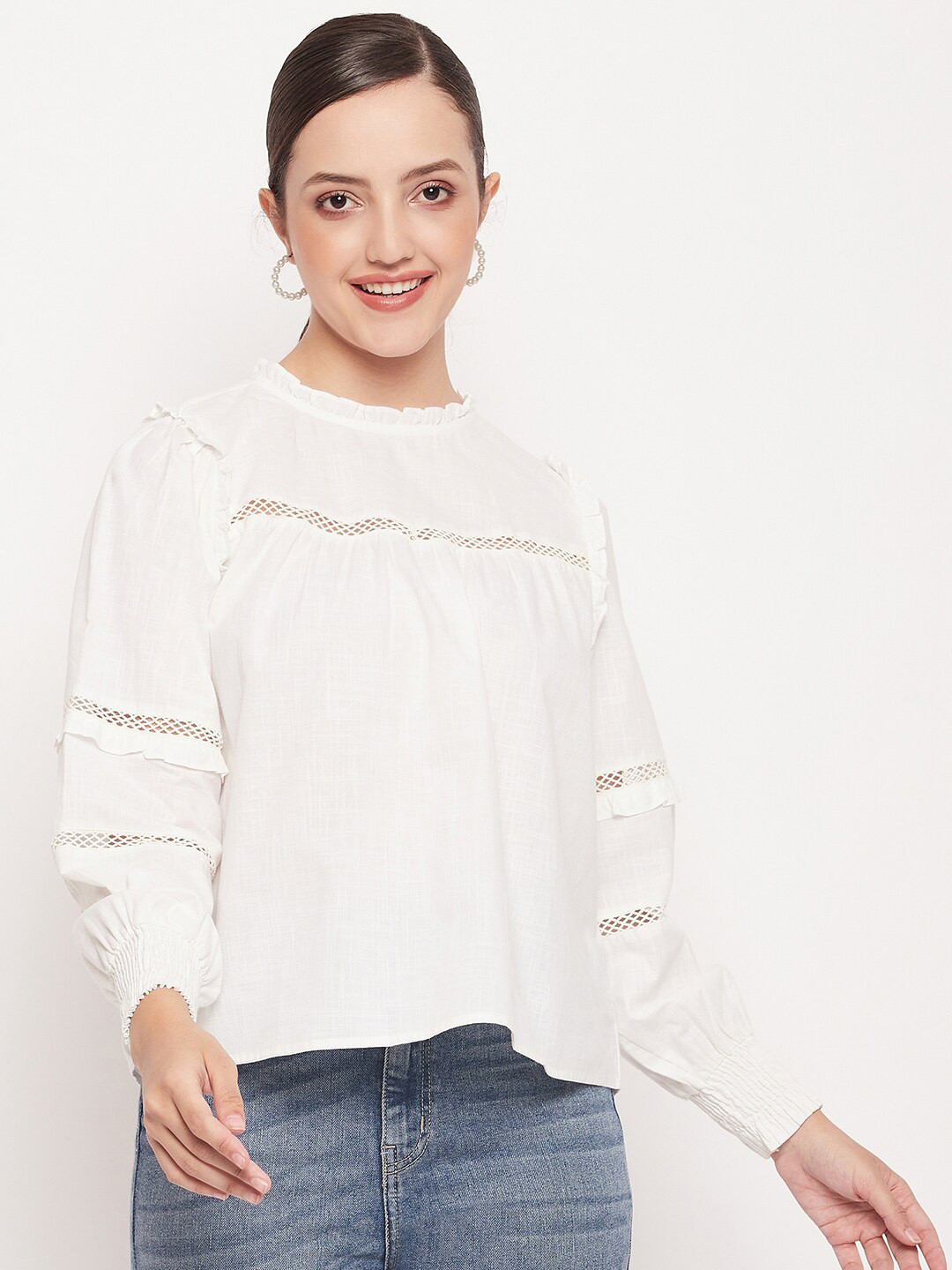 Madame High Neck Cuffed Sleeve Lace Cotton Top