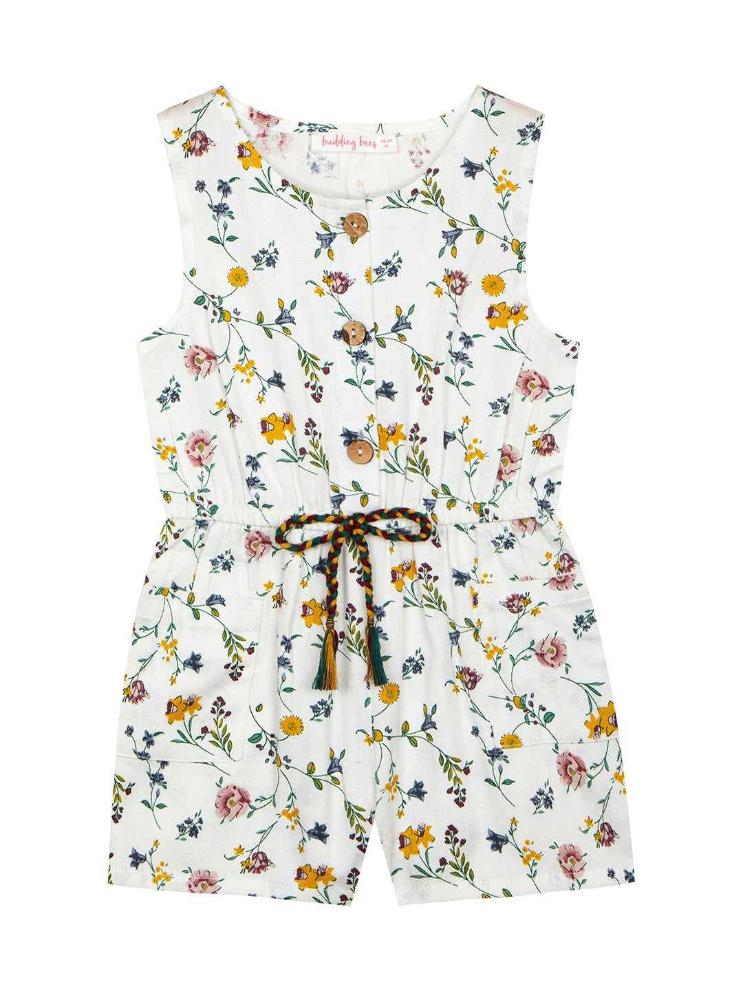Budding Bees Girls Floral Printed Waist Tie-Ups Cotton Play Jumpsuit