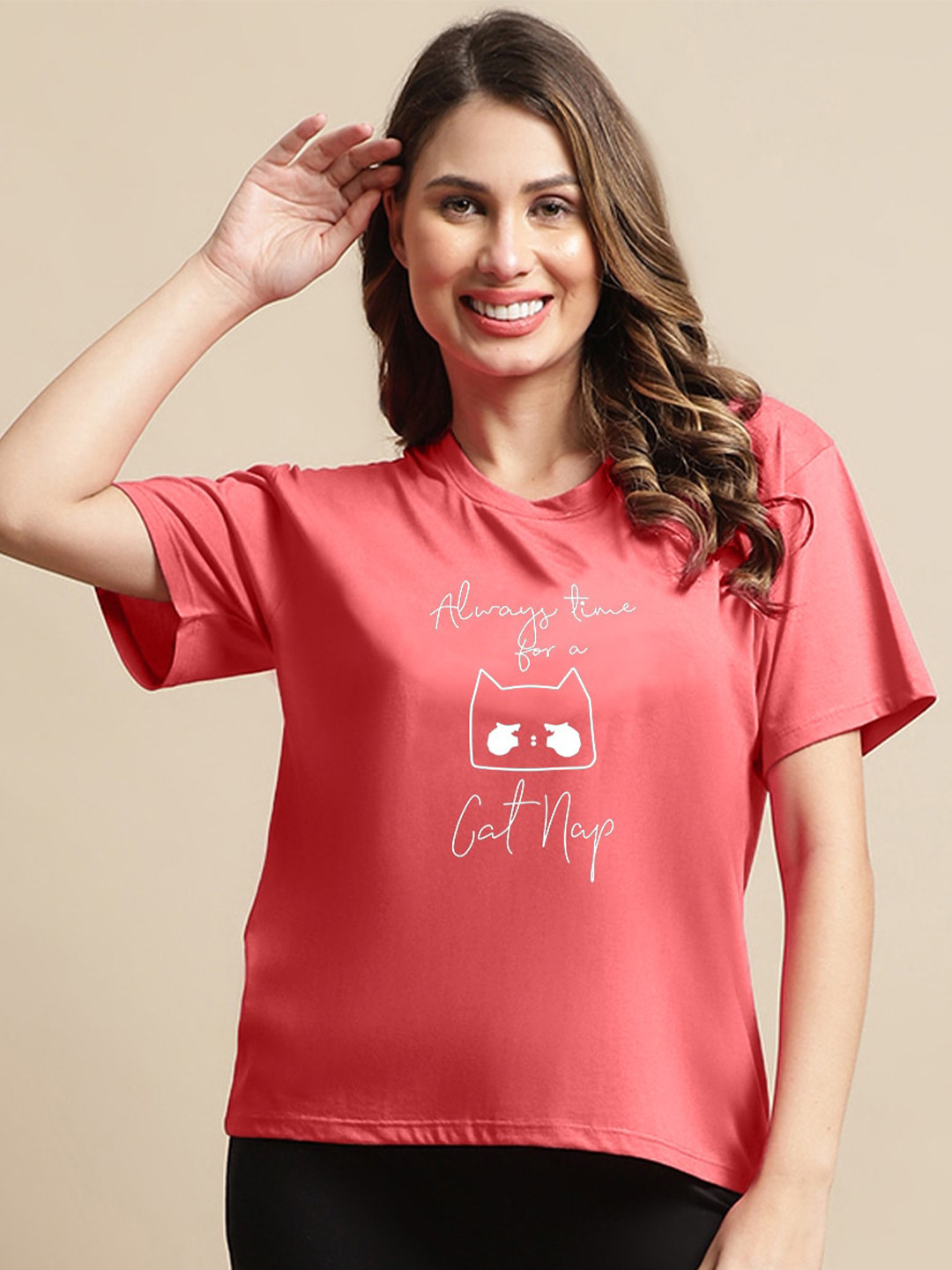 Kanvin Pink Typography Printed Loose T-shirt