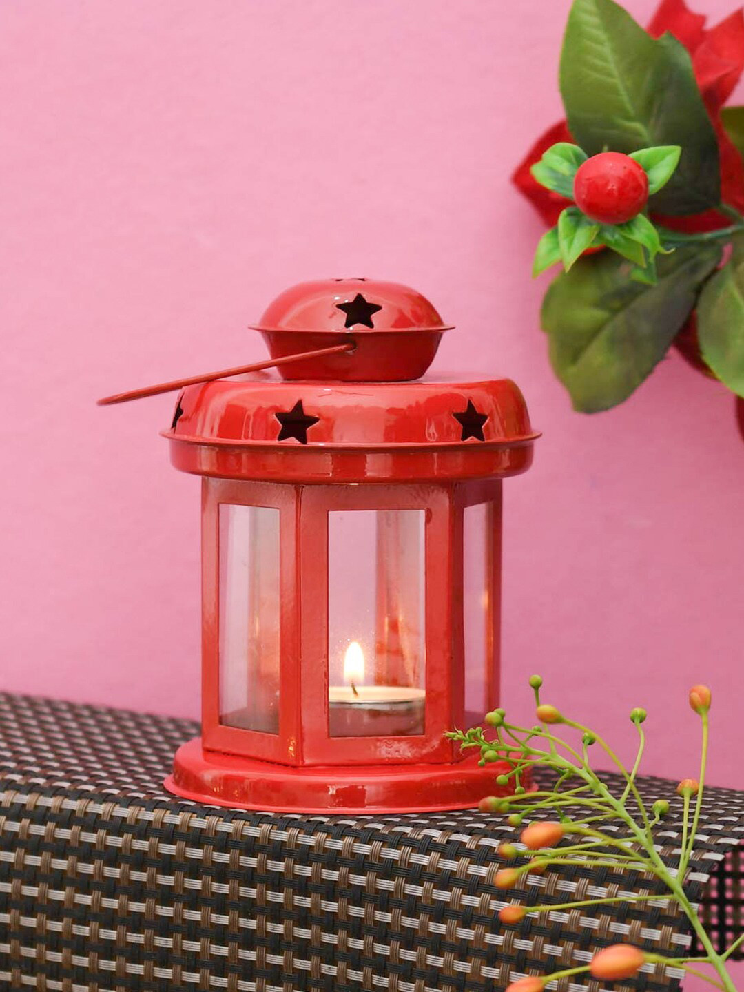 TIED RIBBONS Red Lantern Tealight Candle Holder