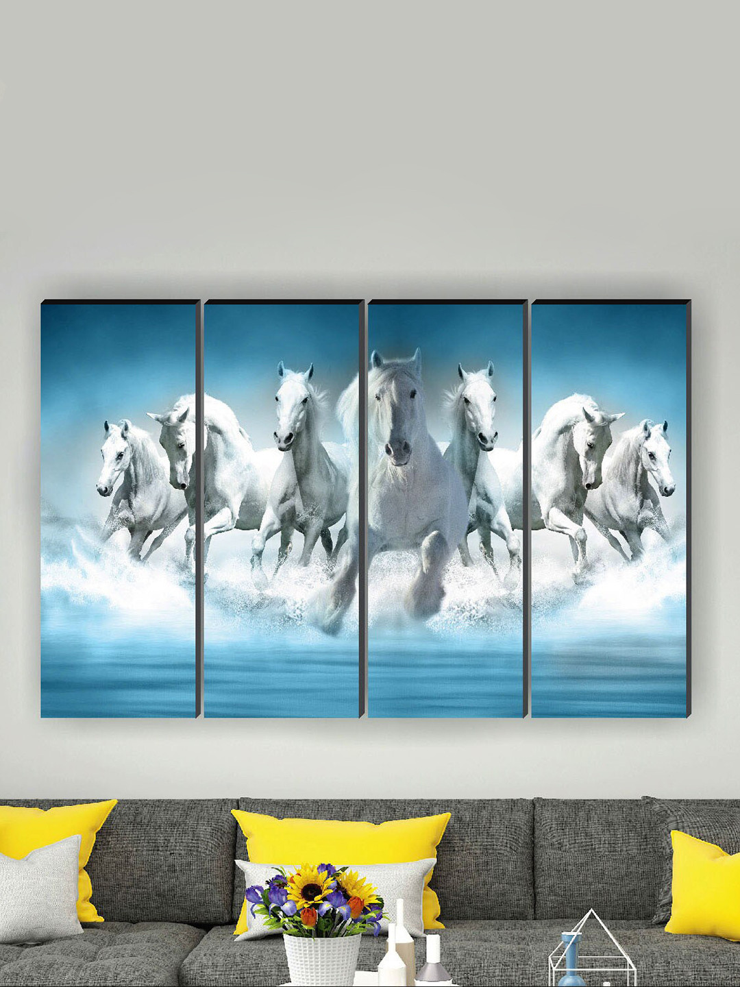 SAF Horse Blue MDF 4 Pcs Wall Living Room Rectangle Paintings Wall Art -23.62 x 17.72In