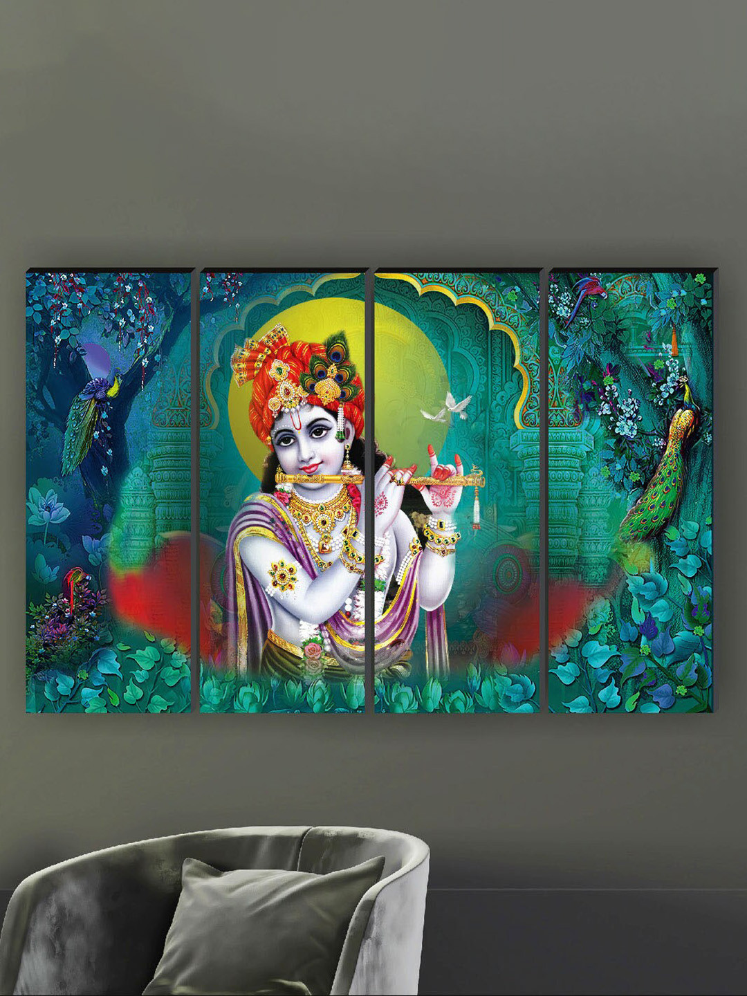 SAF Blue & Green 4-Pieces Kanha Ji Printed Framed Wall Art