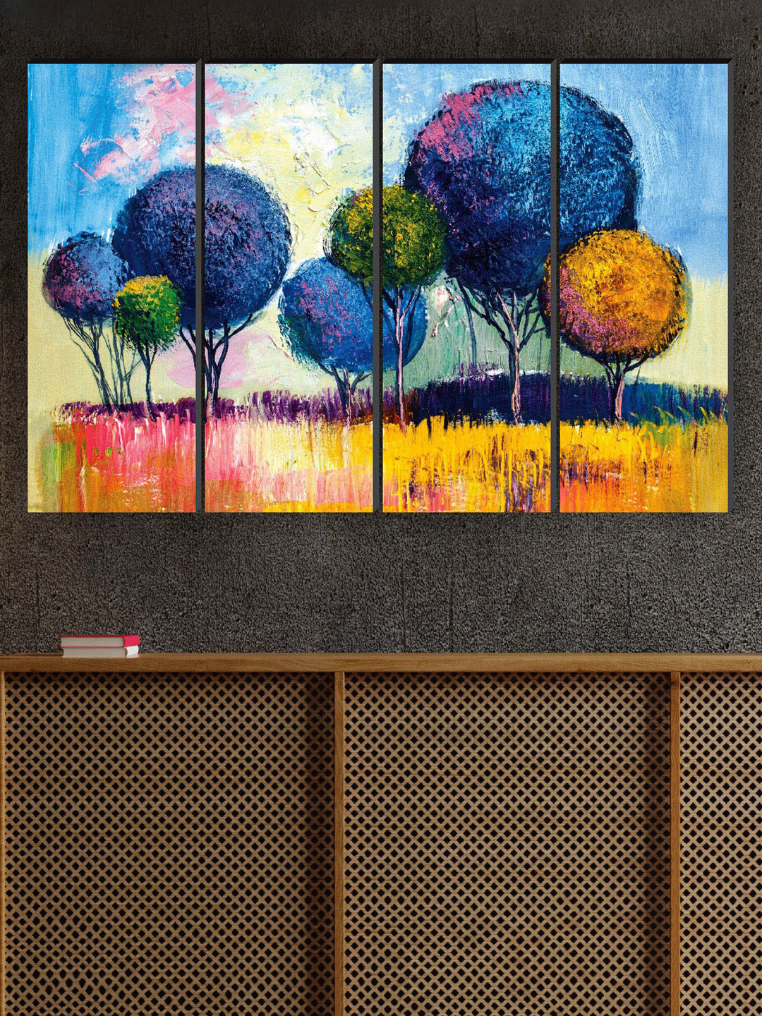 SAF 4-Pcs Blue & Orange Nature Modern Art Painting Framed Wall Art