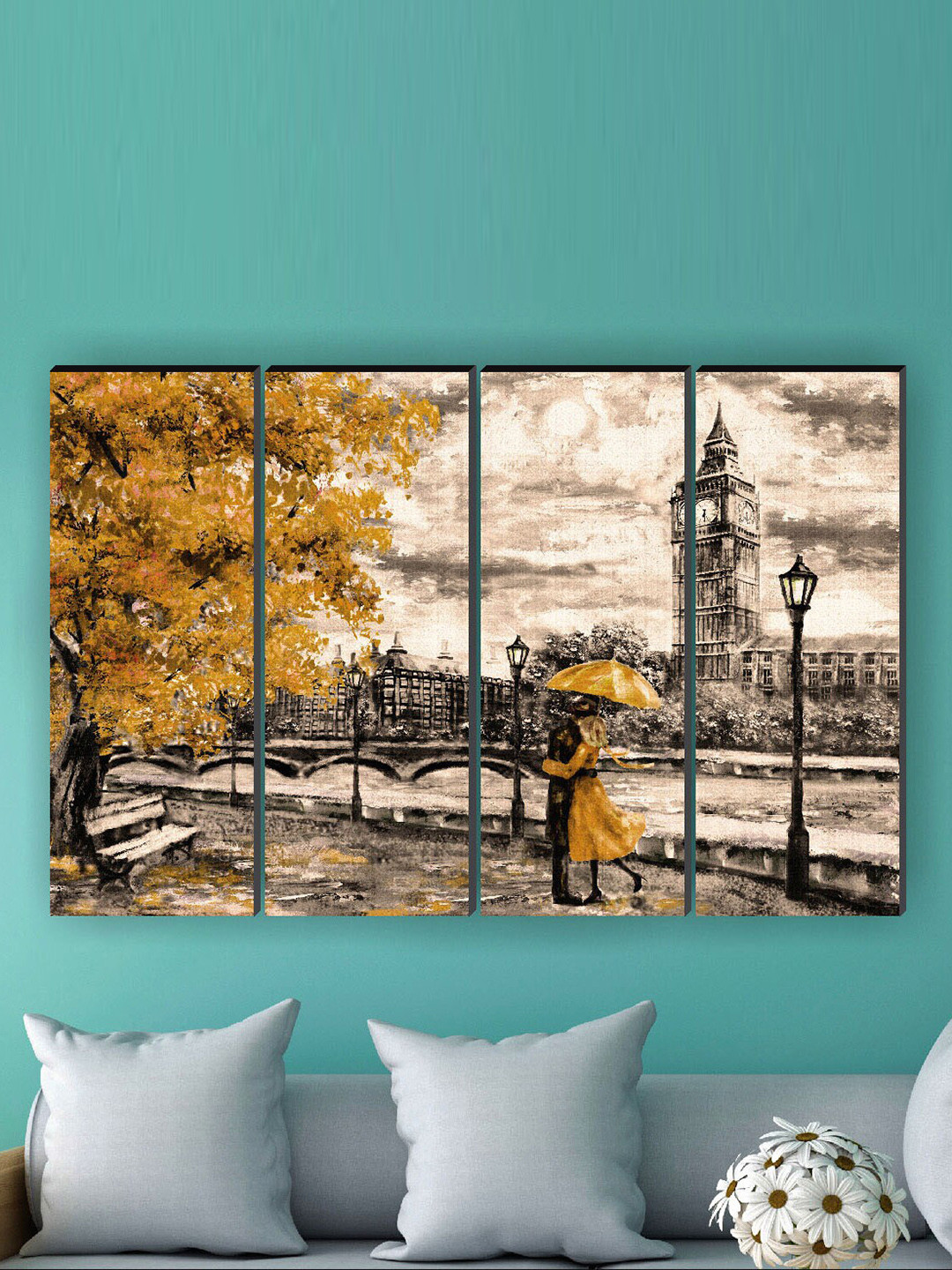 SAF Brown & Beige 4 Pieces Couple Under Umbrella Painted Framed Wall Art