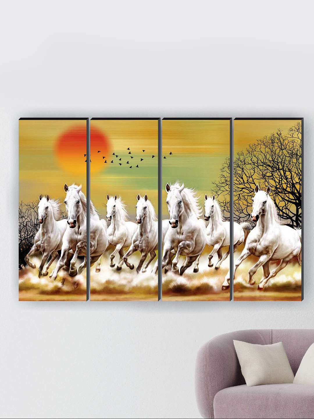 SAF Seven Running Horses Wood 4 Piece Wall Rectangle Paintings Wall Art -18 x 24In