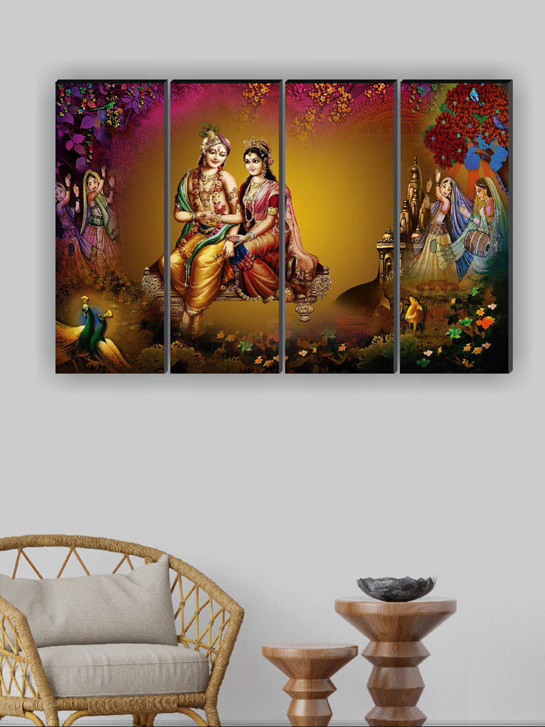 SAF Brown & Yellow 4 Pieces Radha Krishna Religious Painted Framed Wall Art