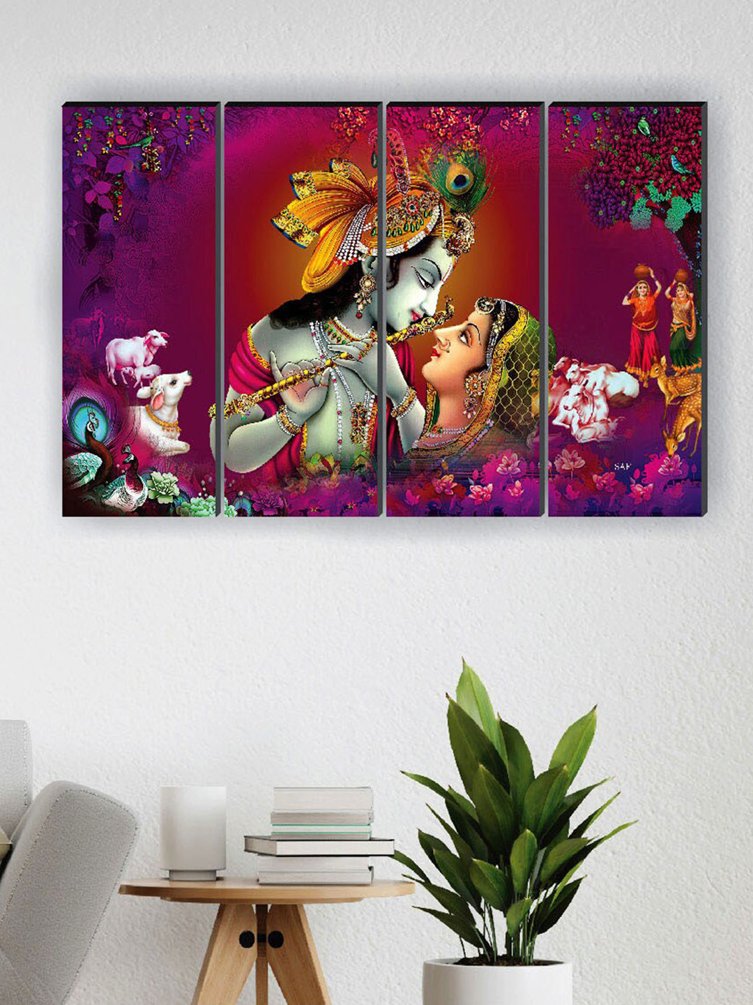 SAF Purple & Pink 4 Pieces Radha Krishna Religious Painted Framed Wall Art