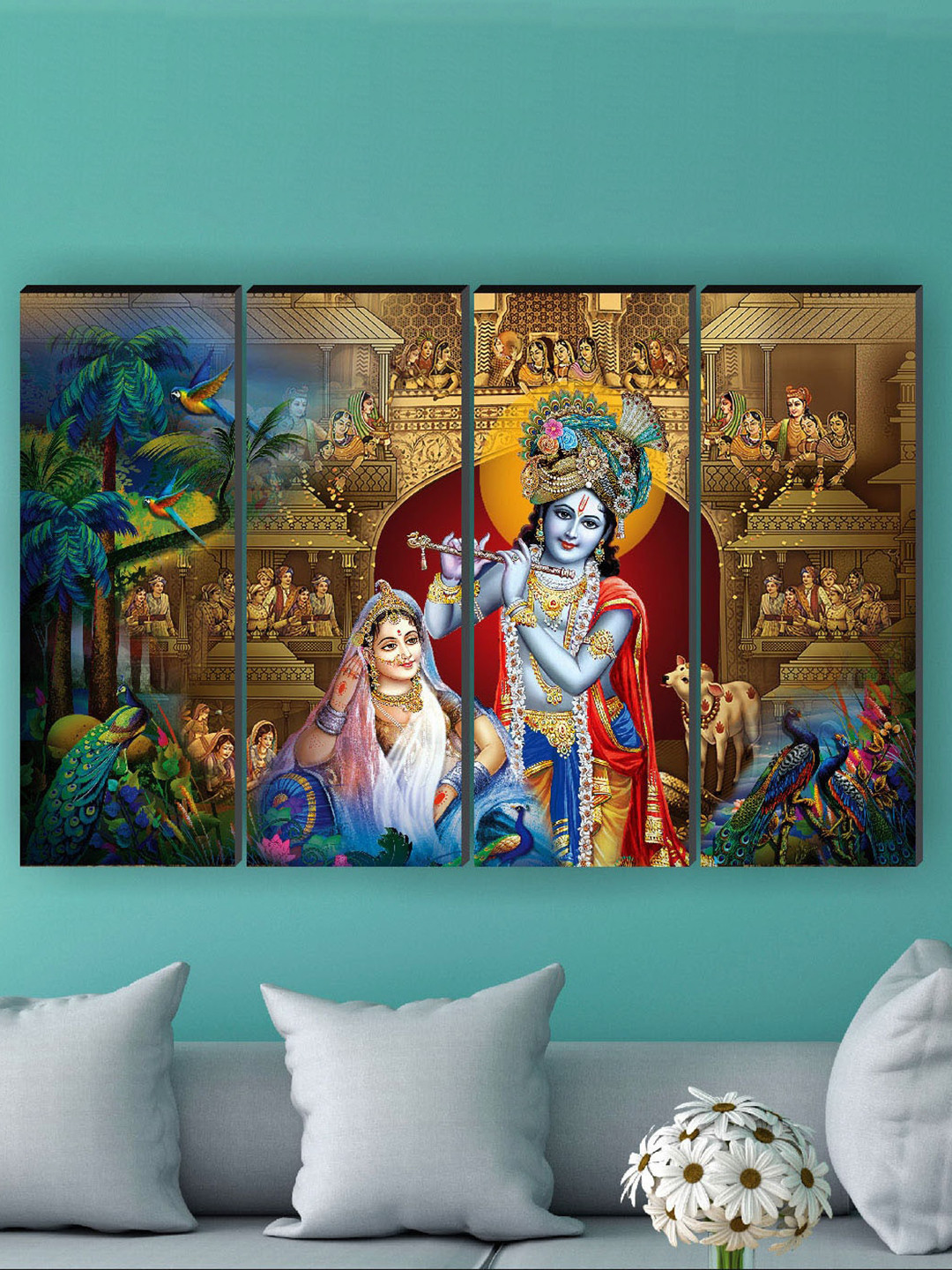 SAF Gold & Blue 4 Pieces Radha Krishna Religious Painted Framed Wall Art