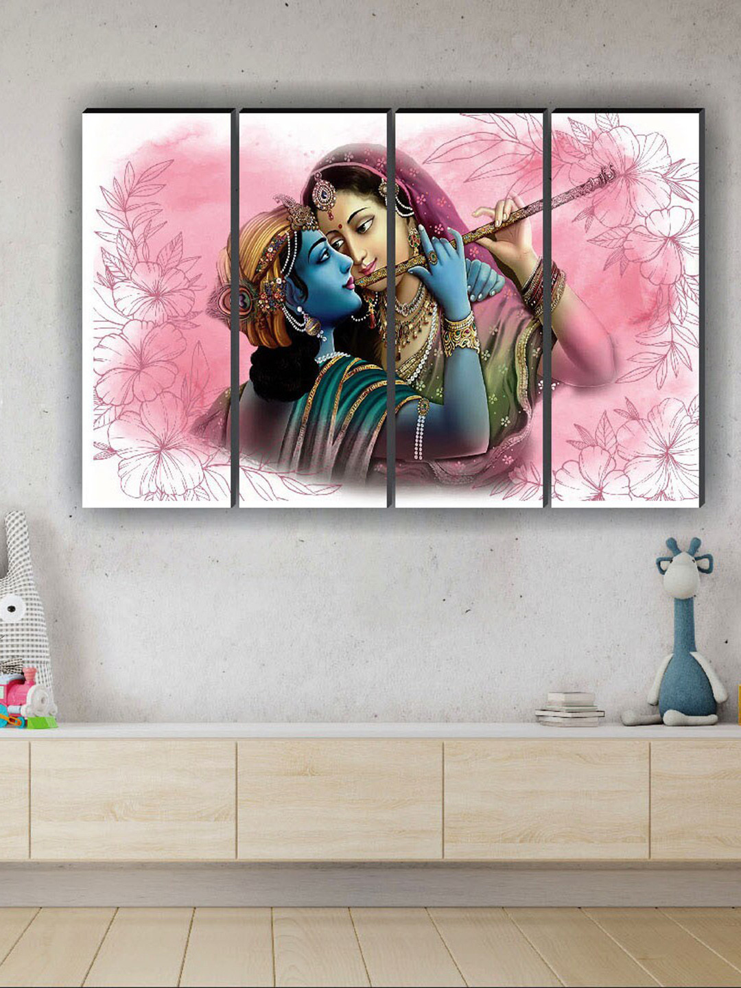 SAF 4-Pcs Pink & Blue Radha Krishna Printed Framed Wall Painting