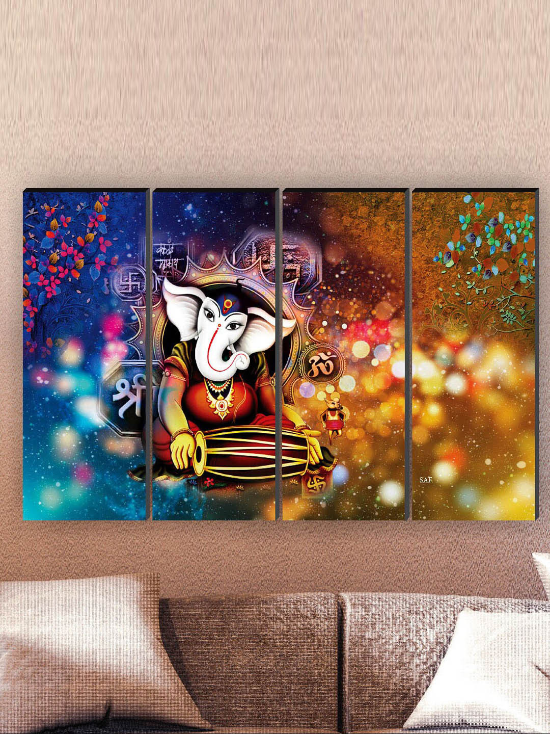 SAF 4-Pcs Blue & Orange Ganesha Printed Framed Wall Painting